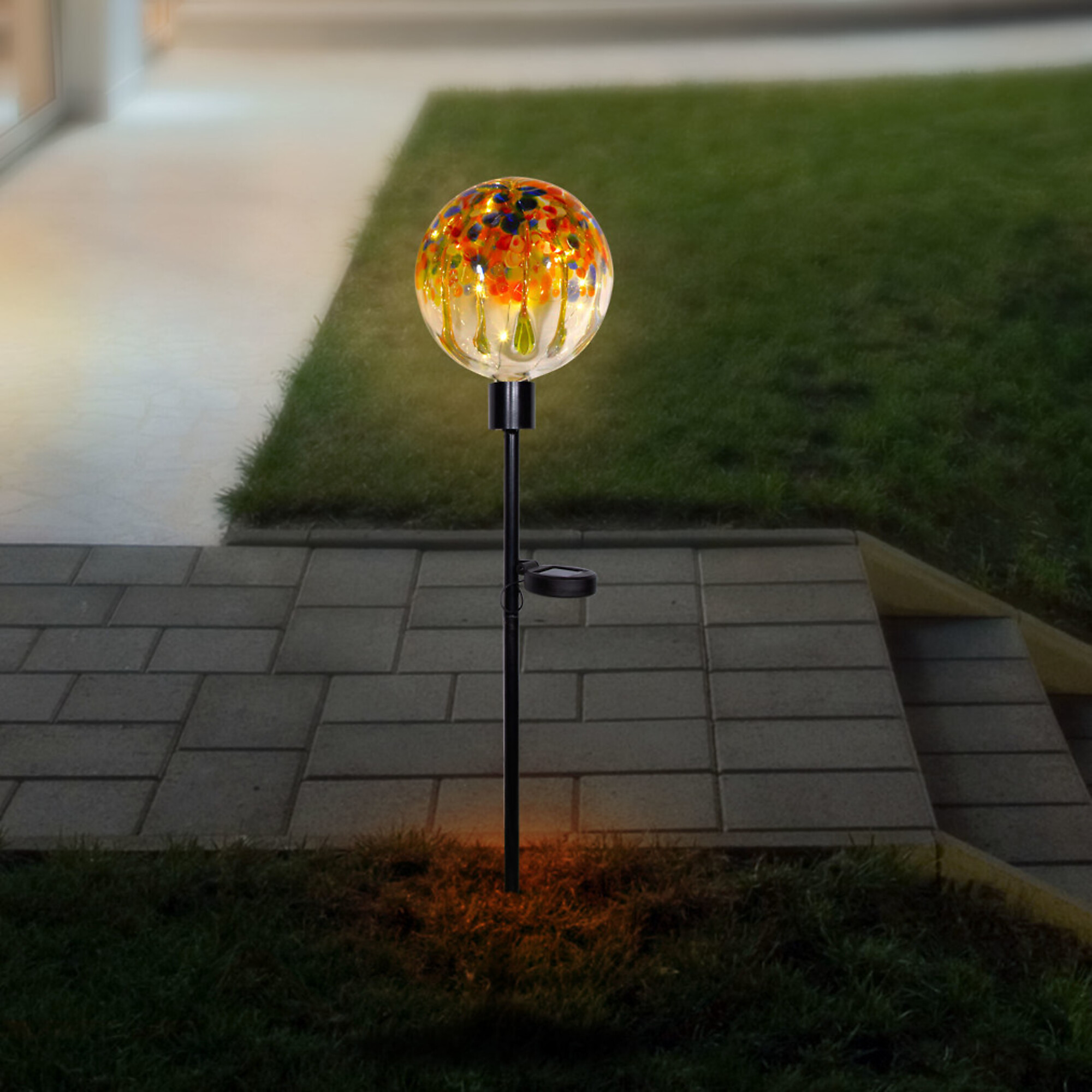 Alpine Corporation, Solar Rainbow Splashes Glass Ball LED Garden Stake, Model HTO170SLR