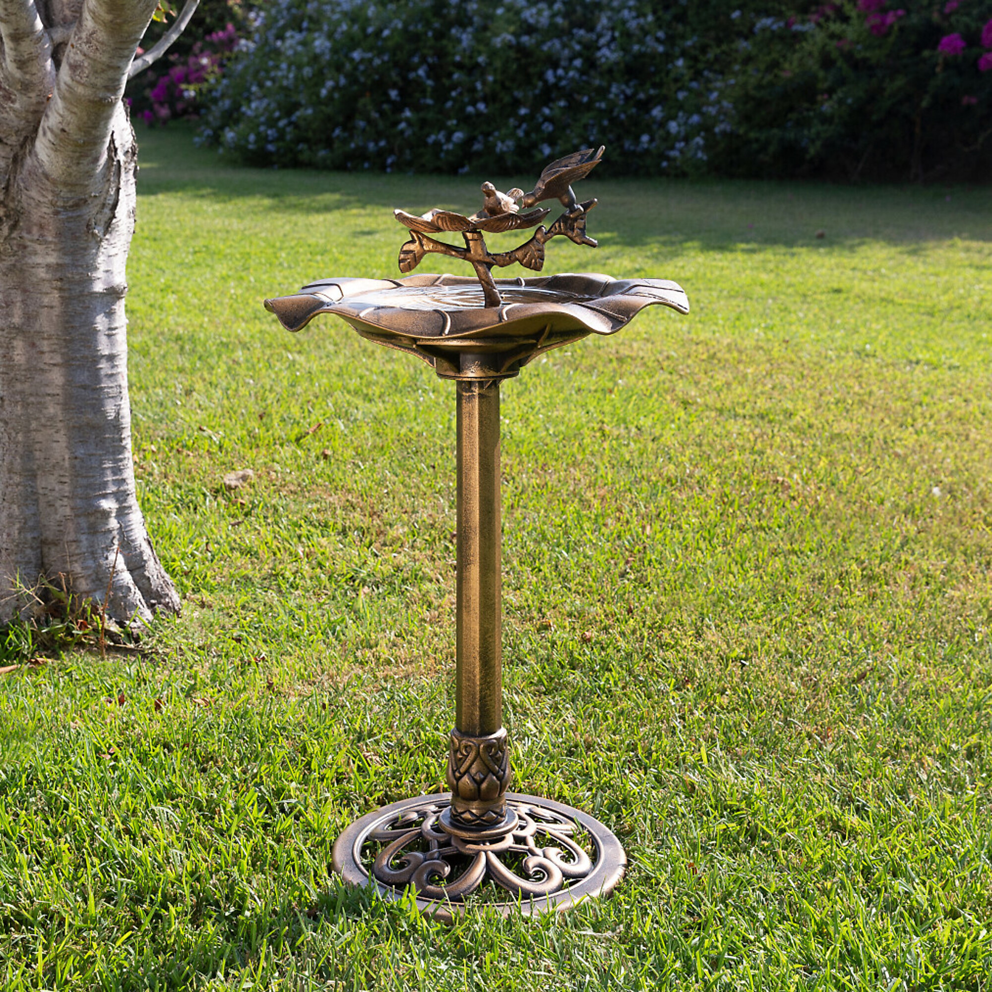 Alpine Corporation, Bronze Pedestal Birdbath with Bird and Flower, Model TEC380