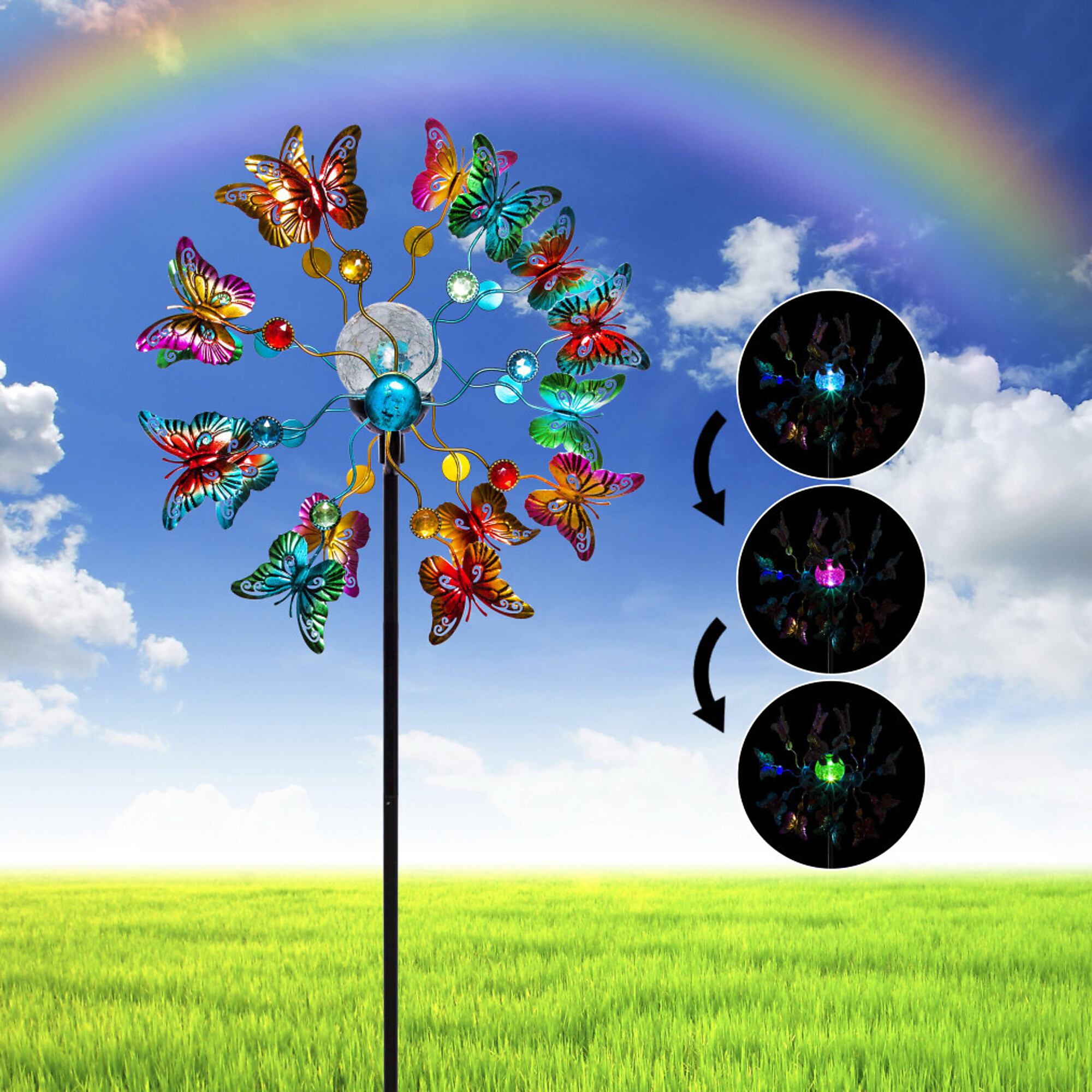 Alpine Corporation, Solar Butterfly Wind Spinner Stake / Colorful LEDs, Model QLP1496SLR-CC