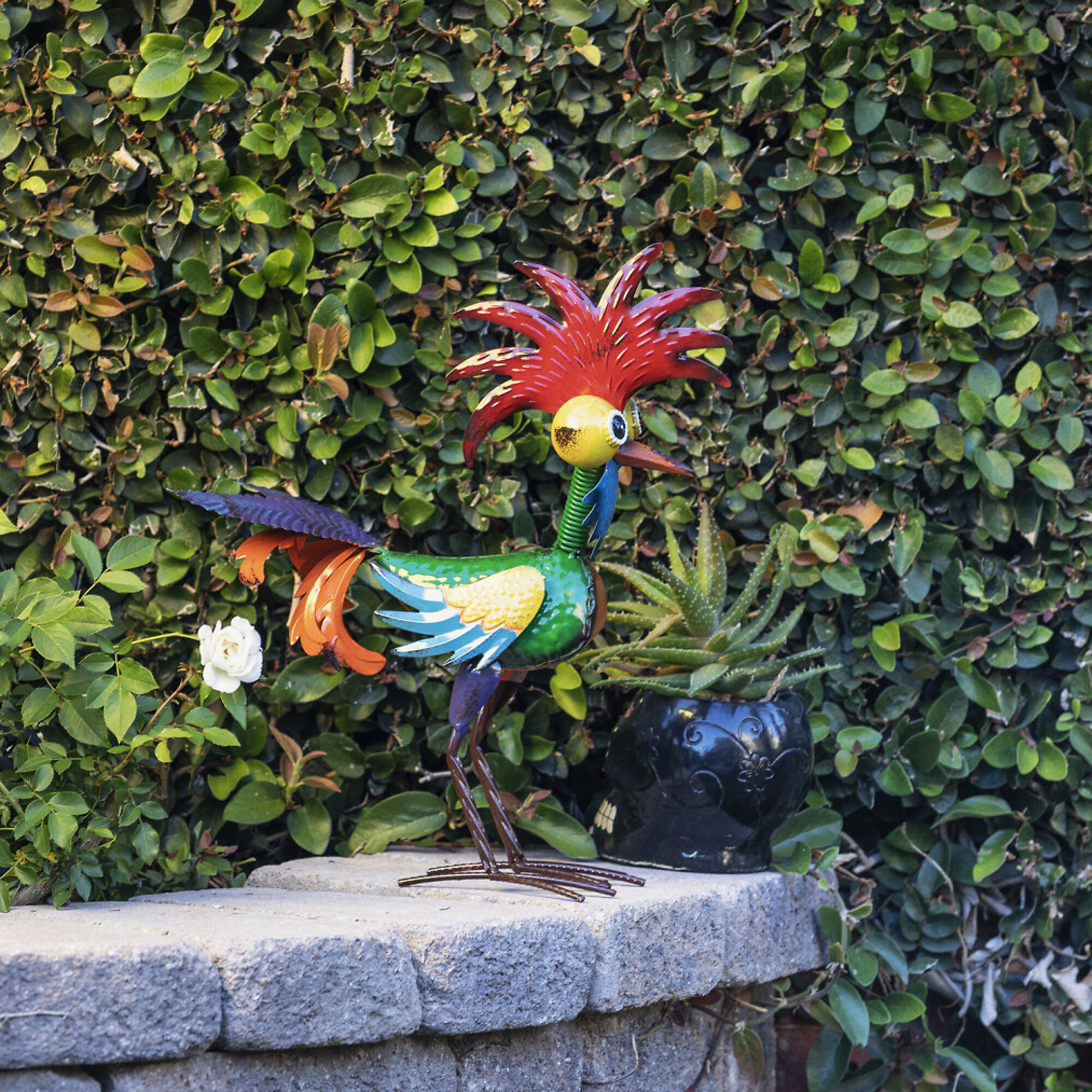 Alpine Corporation, Metal Wacky Tropical Rooster Decor w/ Orange Tail, Model MZP388