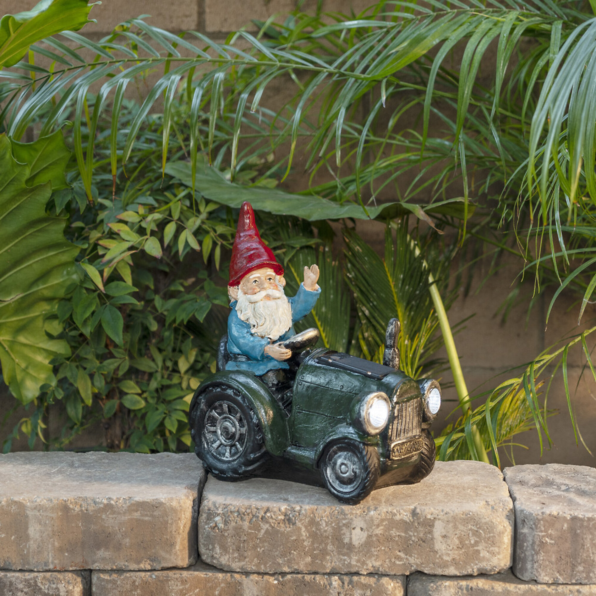 Alpine Corporation, Solar Green Tractor Gnome w/ Cool White LED Lights, Model WQA1378SLR-GN