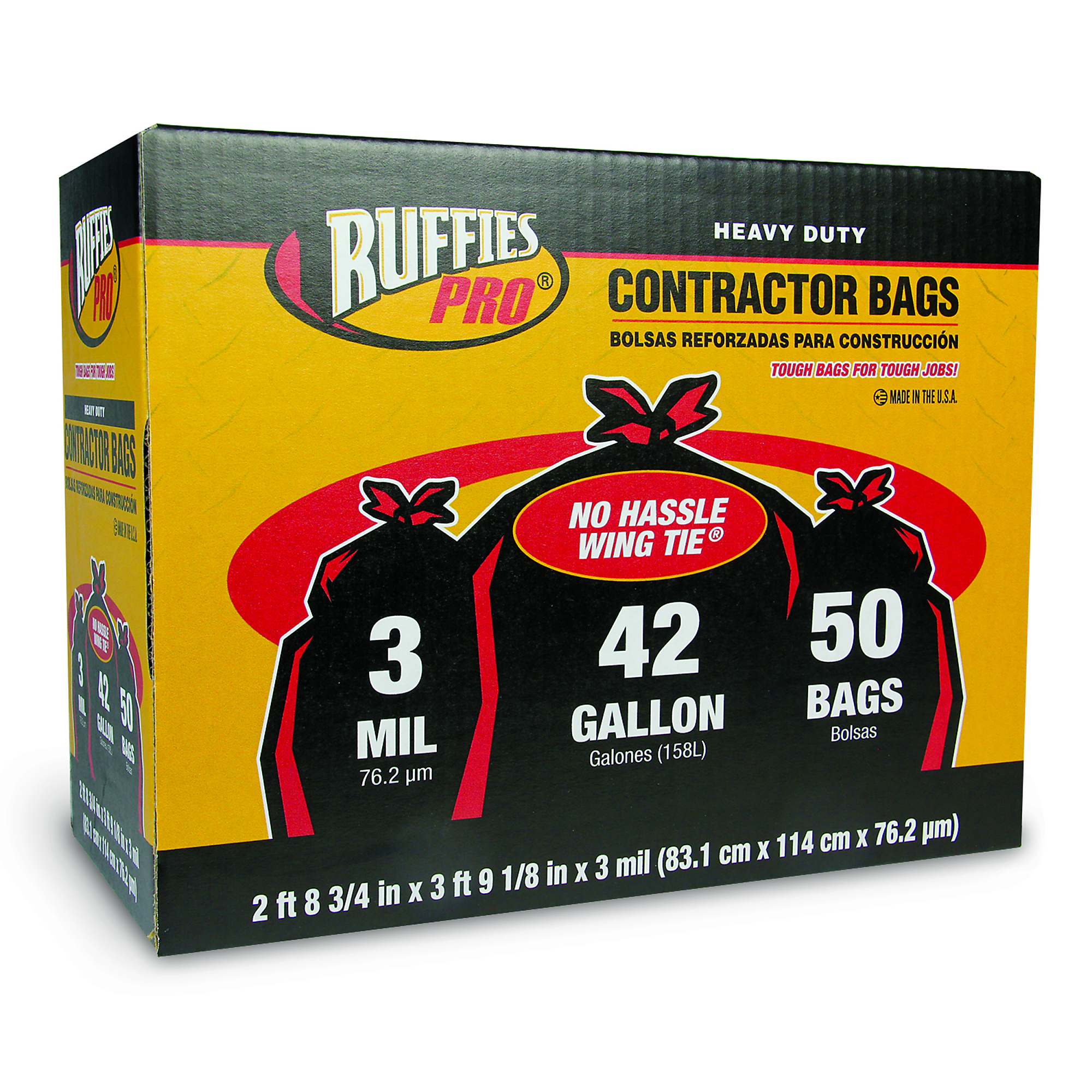 Ruffies Pro, 42 Gallon Contractor Trash Bag Wing Tie 50 ct black, Capacity 42 Gal, Quantity 50, Closure Type Tie, Model 1124905