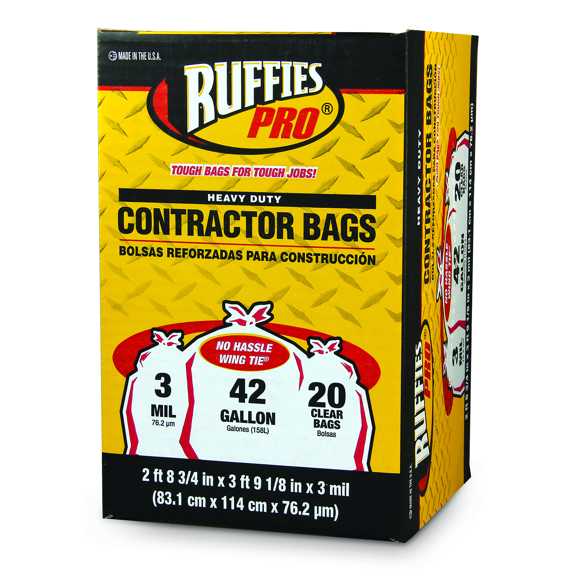 Ruffies Pro, 42 Gallon Contractor Trash Bag Wing Tie 20 ct clear, Capacity 42 Gal, Quantity 20, Closure Type Tie, Model 1124919