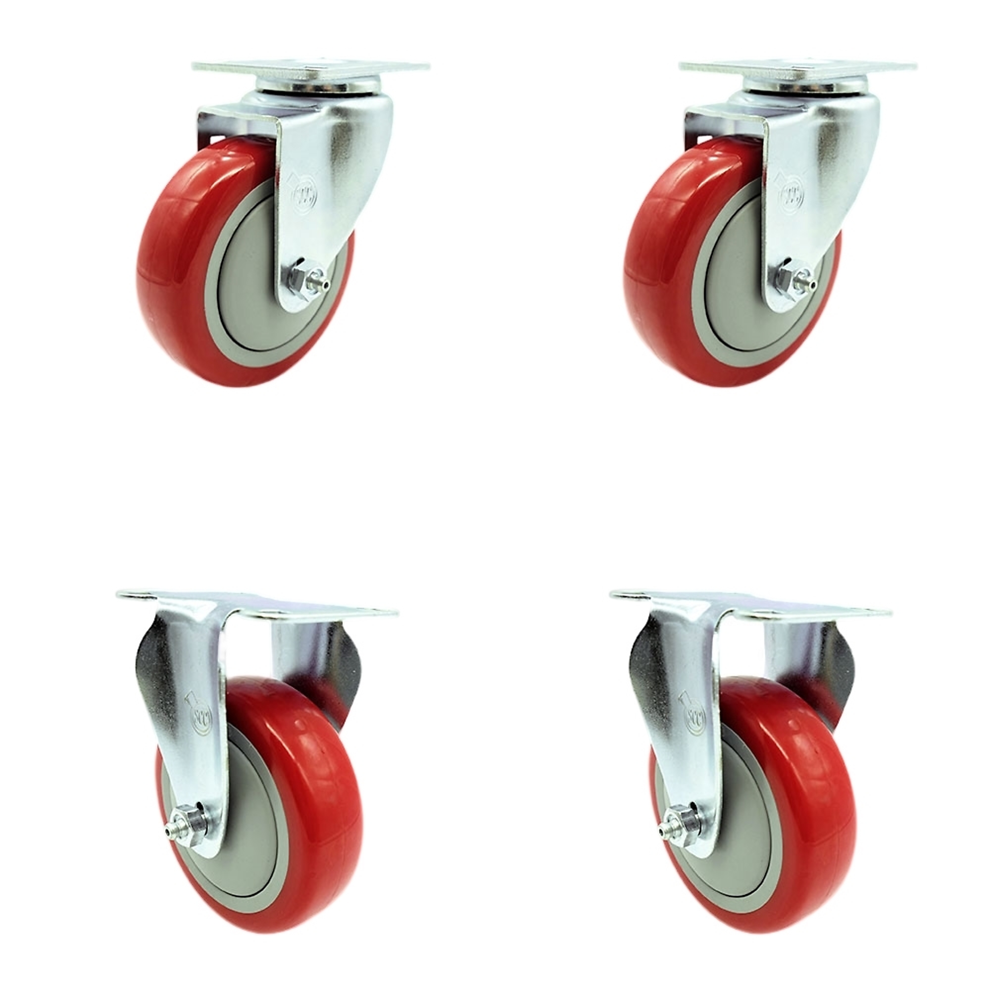 Service Caster, 4Inch x 1 1/4Inch Plate Casters, Wheel Diameter 4 in, Caster Type Swivel, Package (qty.) 4, Model SCC-20S414-PPUB-RED-TP2-2-R-2