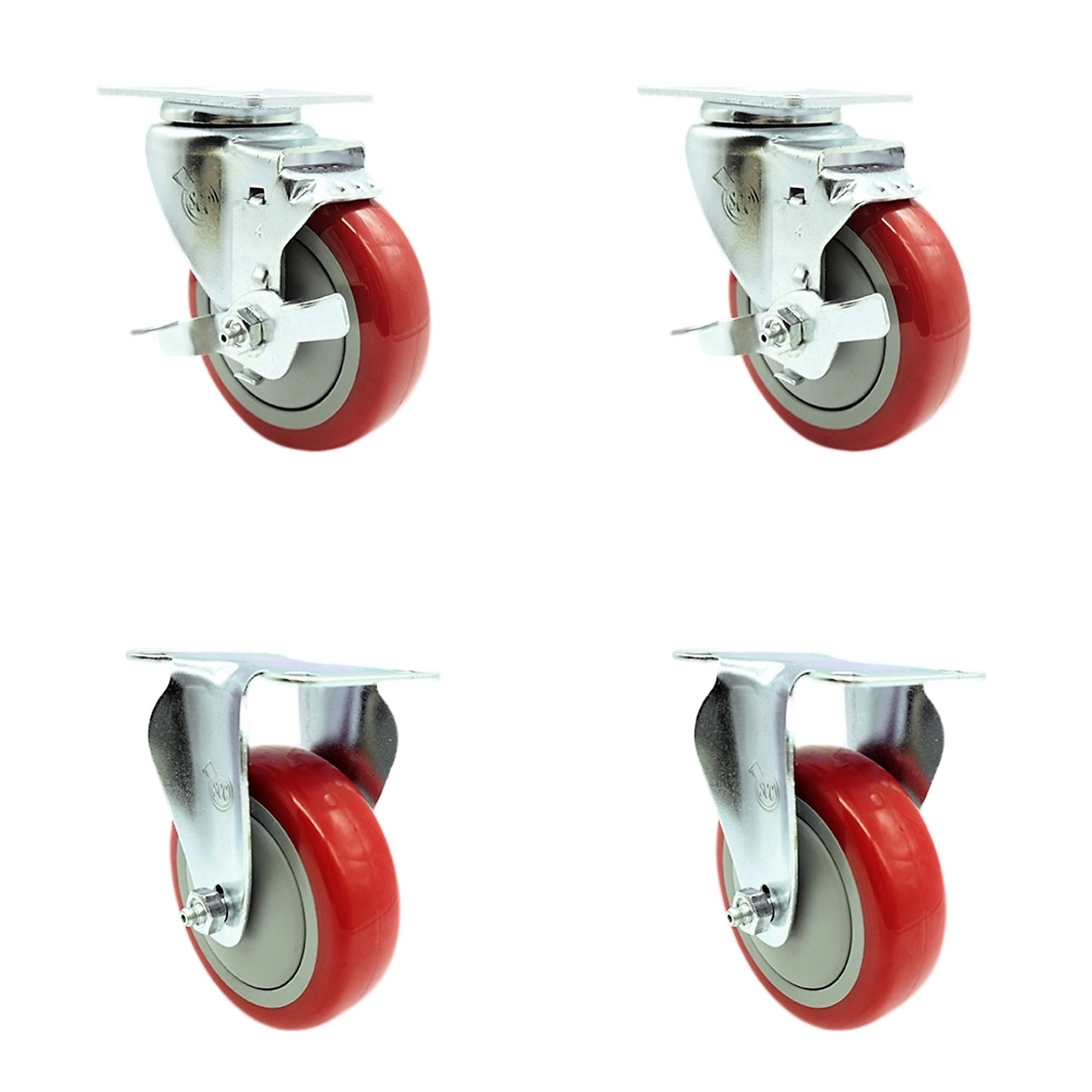 Service Caster, 4Inch x 1 1/4Inch Plate Casters, Wheel Diameter 4 in, Caster Type Swivel, Package (qty.) 4, Model SCC-20S414-PPUB-RED-TLB-TP2-2-R-2