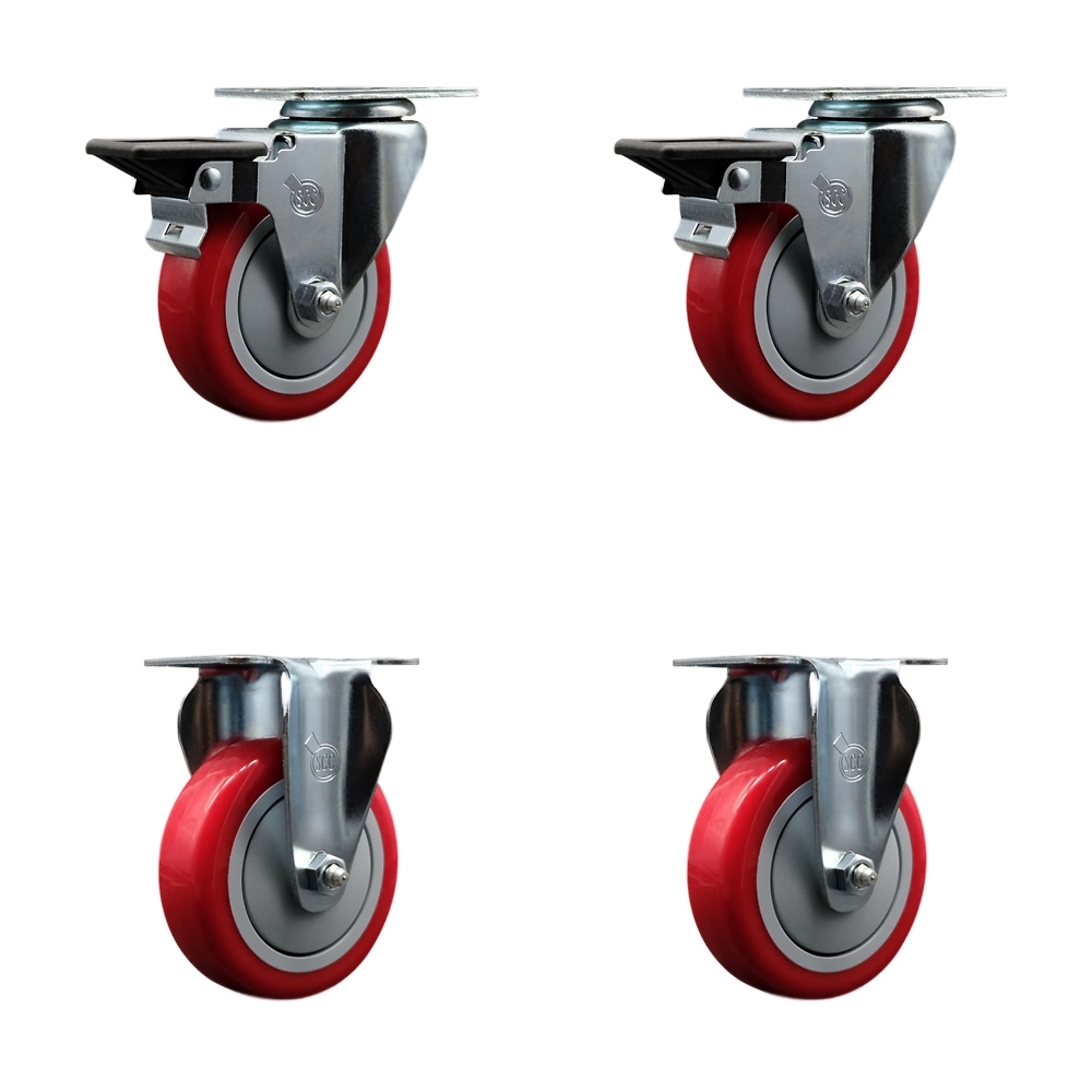 Service Caster, 4Inch x 1 1/4Inch Plate Casters, Wheel Diameter 4 in, Caster Type Swivel, Package (qty.) 4, Model SCC-20S414-PPUB-RED-PLB-2-R-2