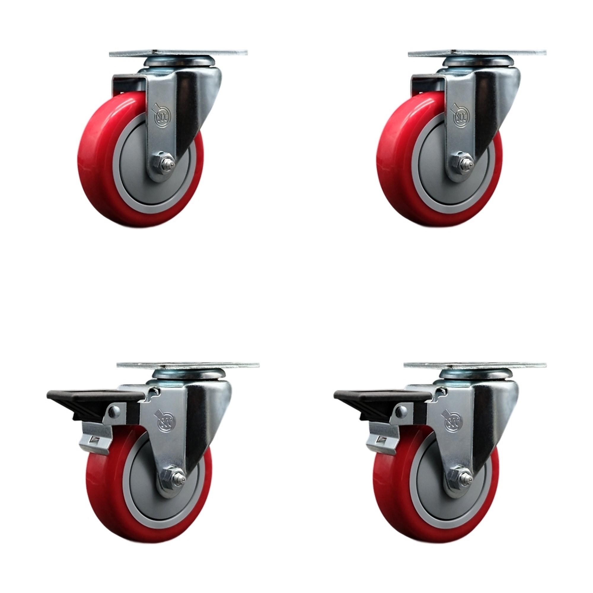 Service Caster, 4Inch x 1 1/4Inch Plate Casters, Wheel Diameter 4 in, Caster Type Swivel, Package (qty.) 4, Model SCC-20S414-PPUB-RED-2-PLB-2