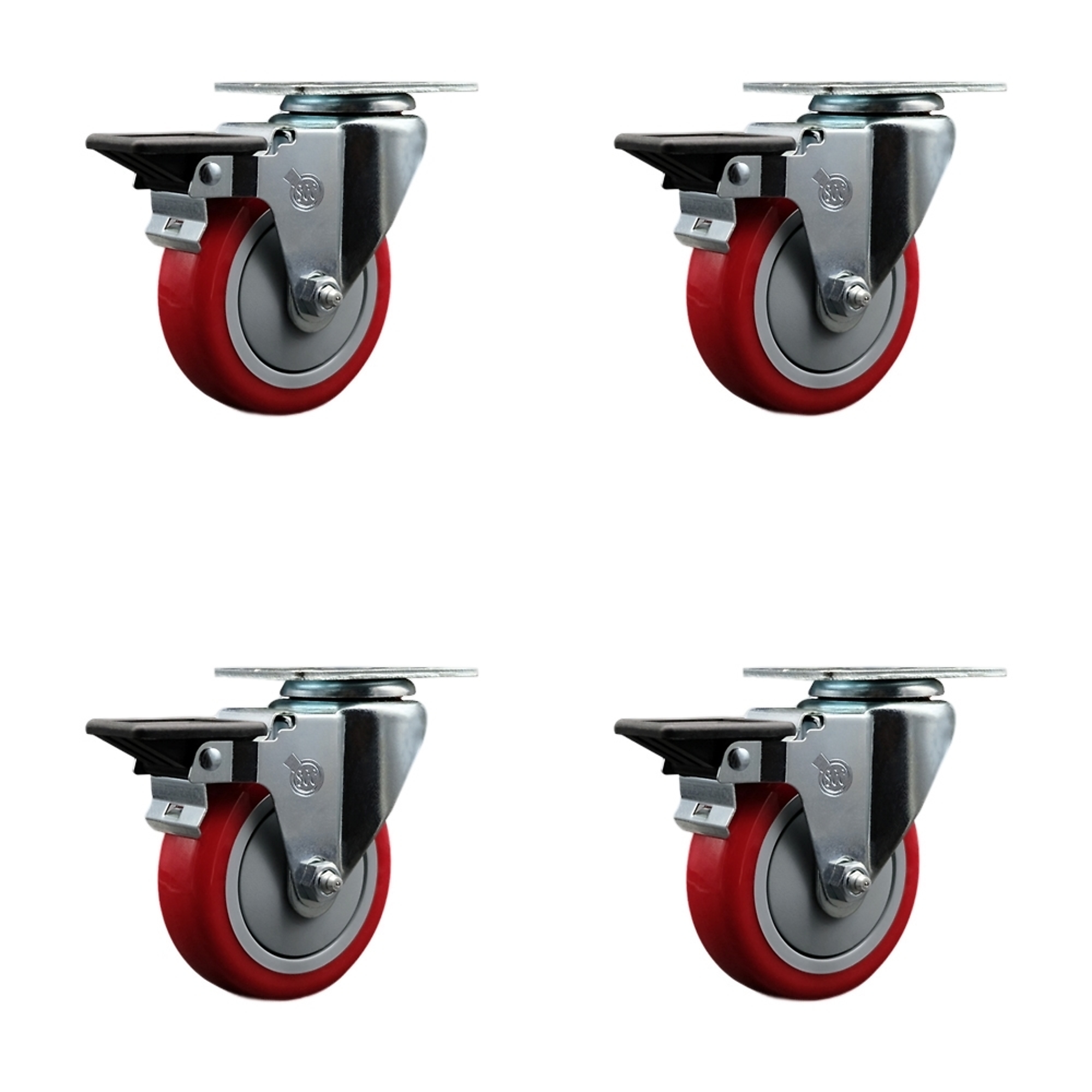 Service Caster, 4Inch x 1 1/4Inch Plate Casters, Wheel Diameter 4 in, Caster Type Swivel, Package (qty.) 4, Model SCC-20S414-PPUB-RED-PLB-4