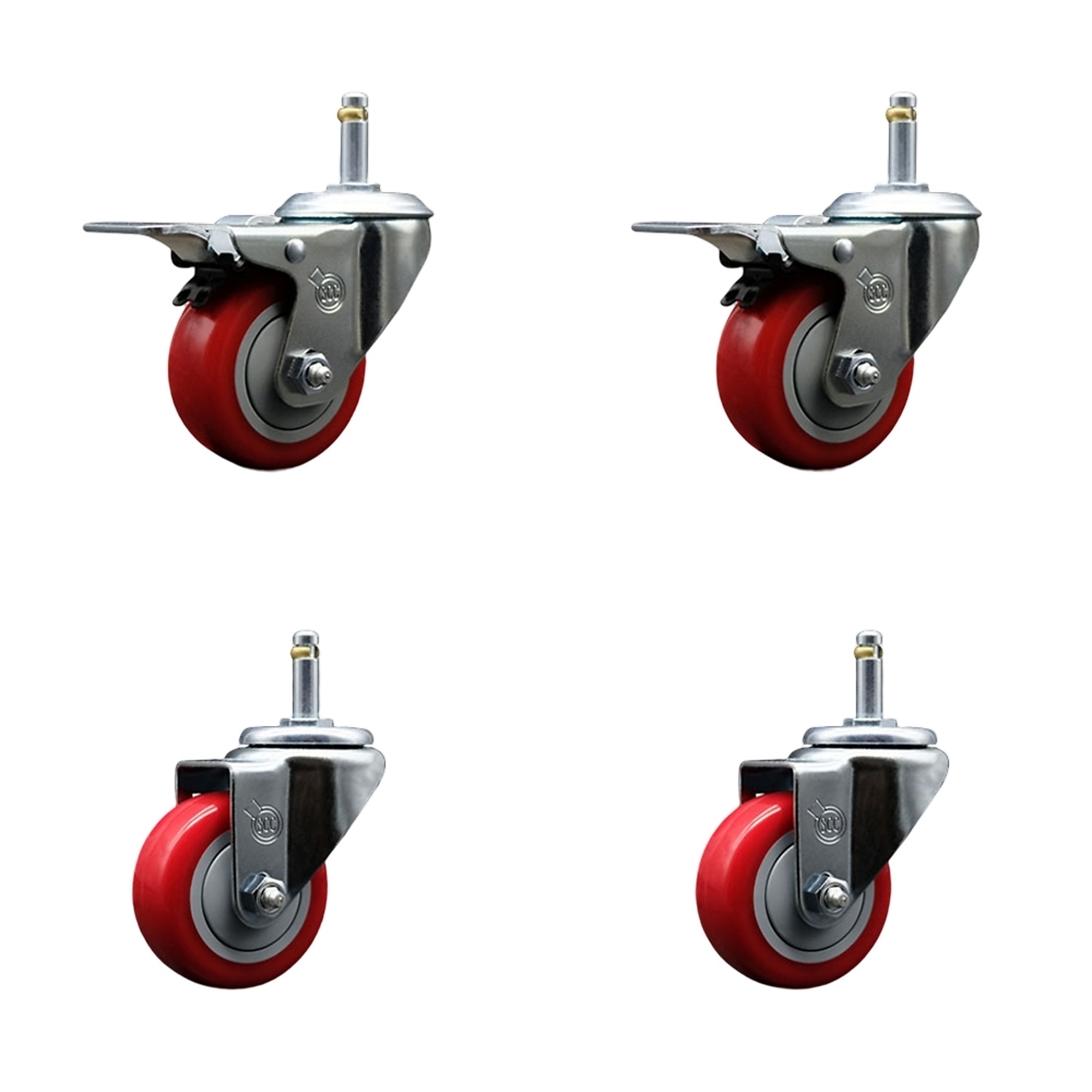 Service Caster, 3Inch x 1 1/4Inch Stem Casters, Wheel Diameter 3 in, Caster Type Swivel, Package (qty.) 4, Model SCC-GRTTL20S314-PPUB-RED-716138-2-S2