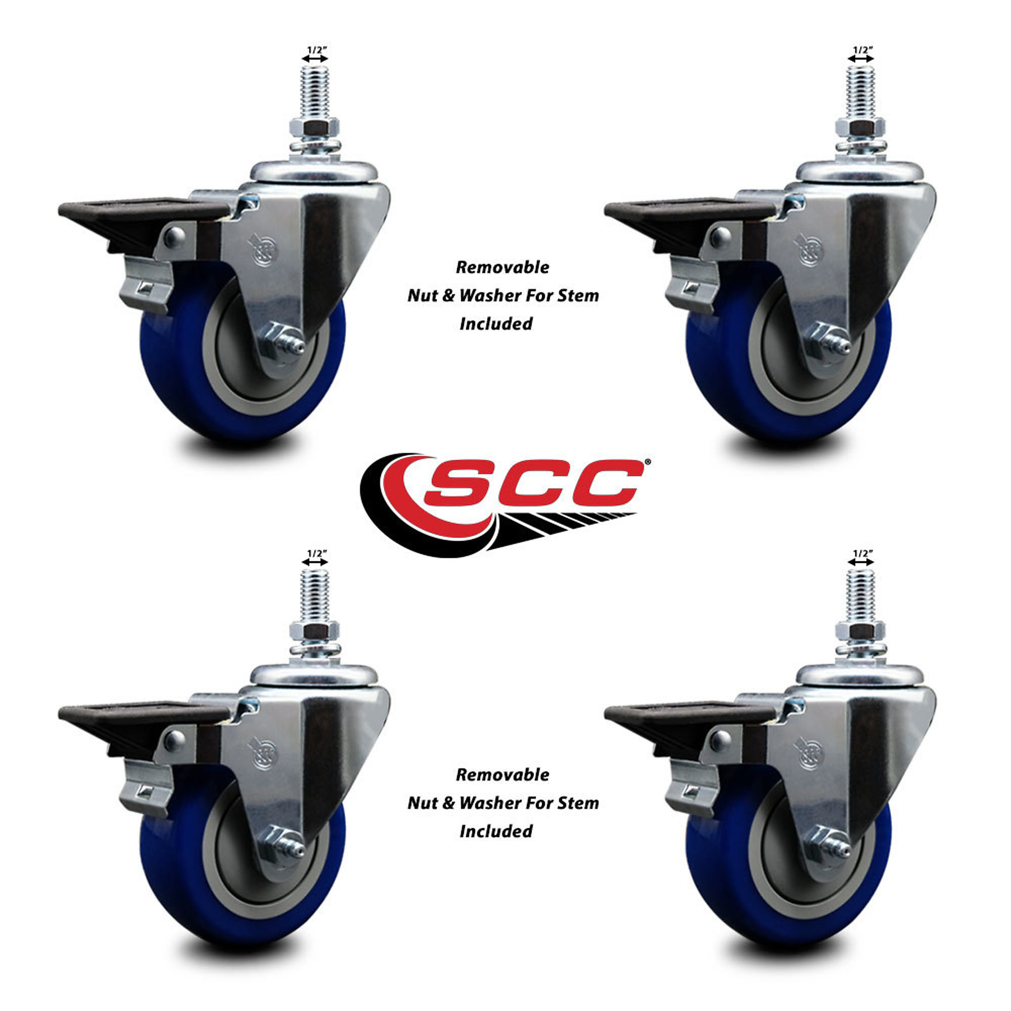 Service Caster, 3 1/2Inch x 1 1/4Inch Stem Casters, Wheel Diameter 3.5 in, Caster Type Swivel, Package (qty.) 4, Model SCC-TS20S3514-PPUB-BLUE-PLB-