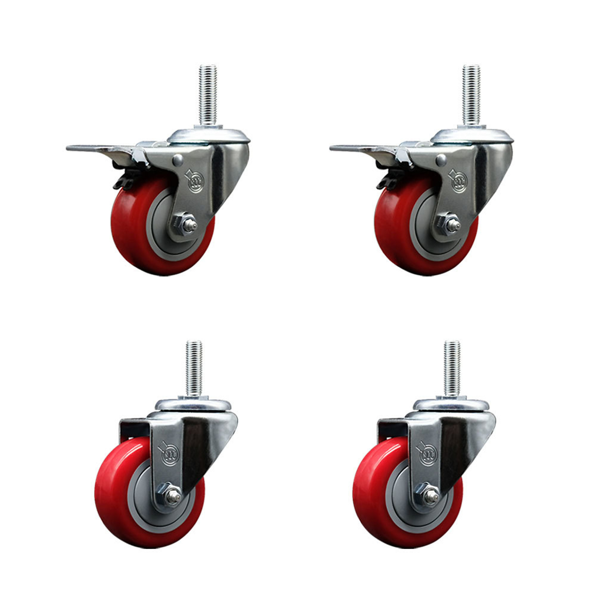 Service Caster, 3Inch x 1 1/4Inch Stem Casters, Wheel Diameter 3 in, Caster Type Swivel, Package (qty.) 4, Model SCC-TSTTL20S314-PPUB-RED-34212-2-S-2