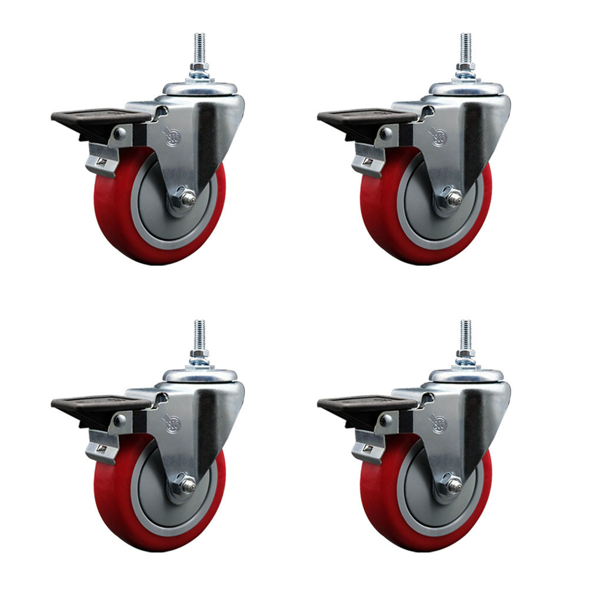 Service Caster, 4Inch x 1 1/4Inch Stem Casters, Wheel Diameter 4 in, Caster Type Swivel, Package (qty.) 4, Model SCC-TS20S414-PPUB-RED-PLB-381615-4