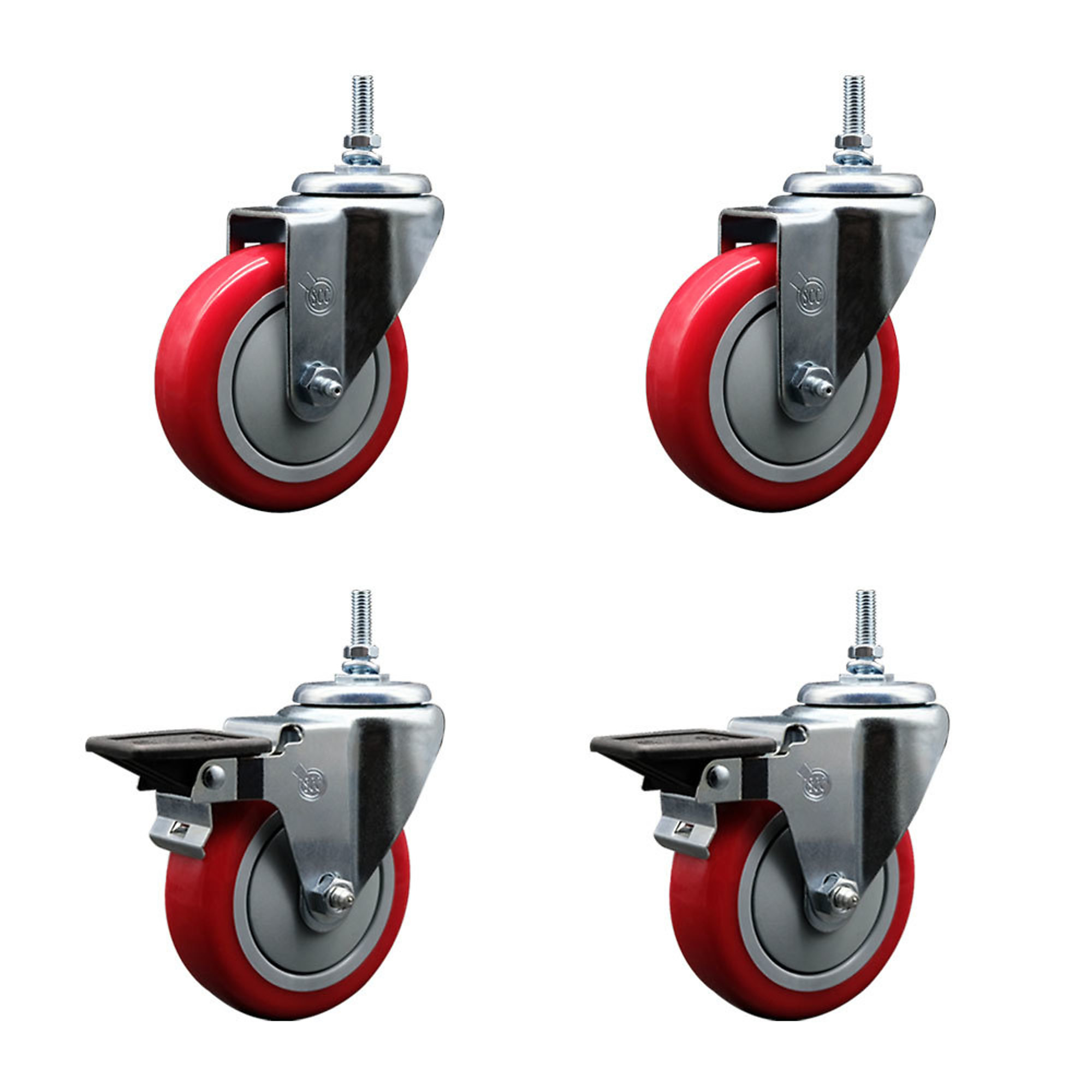 Service Caster, 4Inch x 1 1/4Inch Stem Casters, Wheel Diameter 4 in, Caster Type Swivel, Package (qty.) 4, Model SCC-TS20S414-PPUB-RED-381615-2-PLB-2