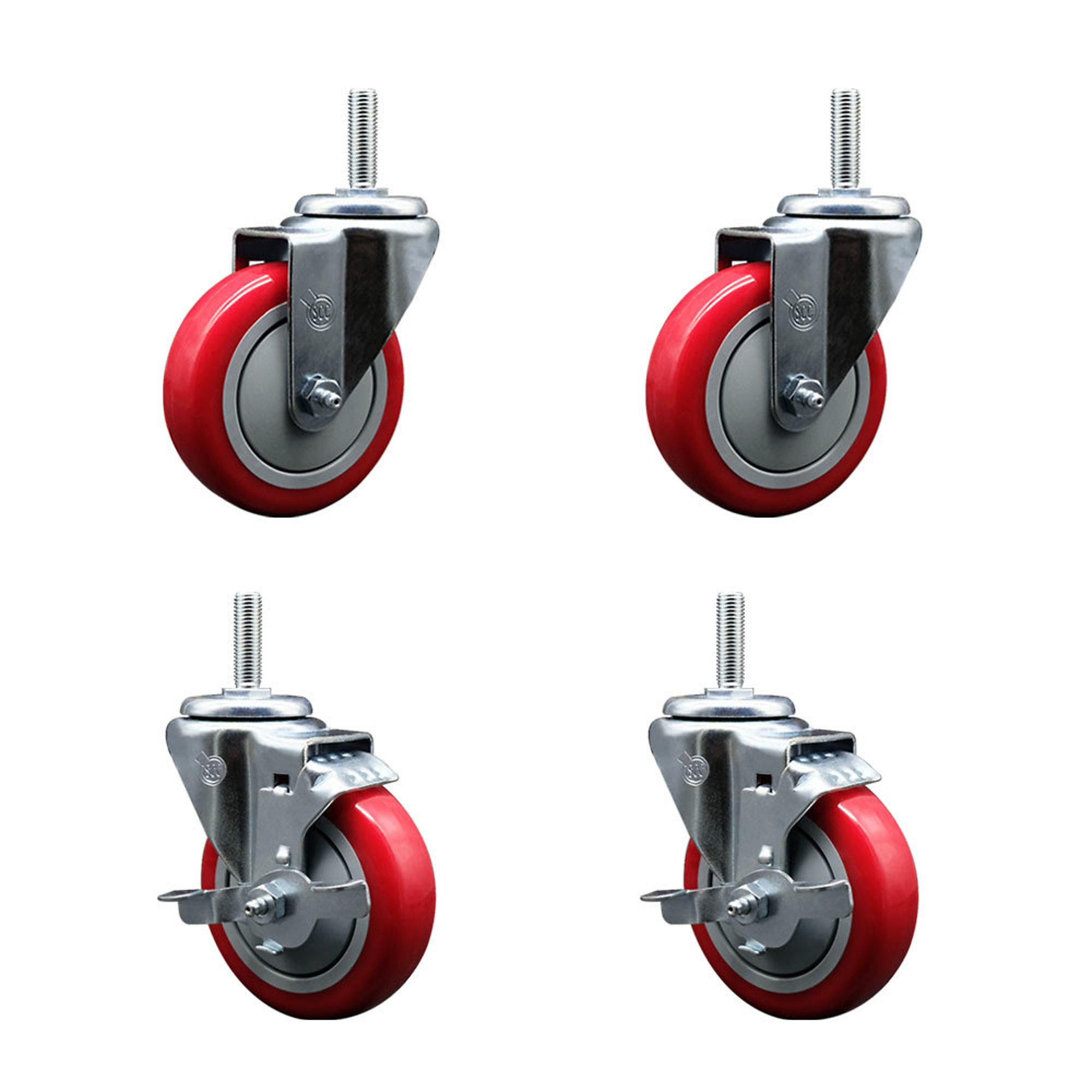 Service Caster, 4Inch x 1 1/4Inch Stem Casters, Wheel Diameter 4 in, Caster Type Swivel, Package (qty.) 4, Model SCC-TS20S414-PPUB-RED-34212-2-TLB-2