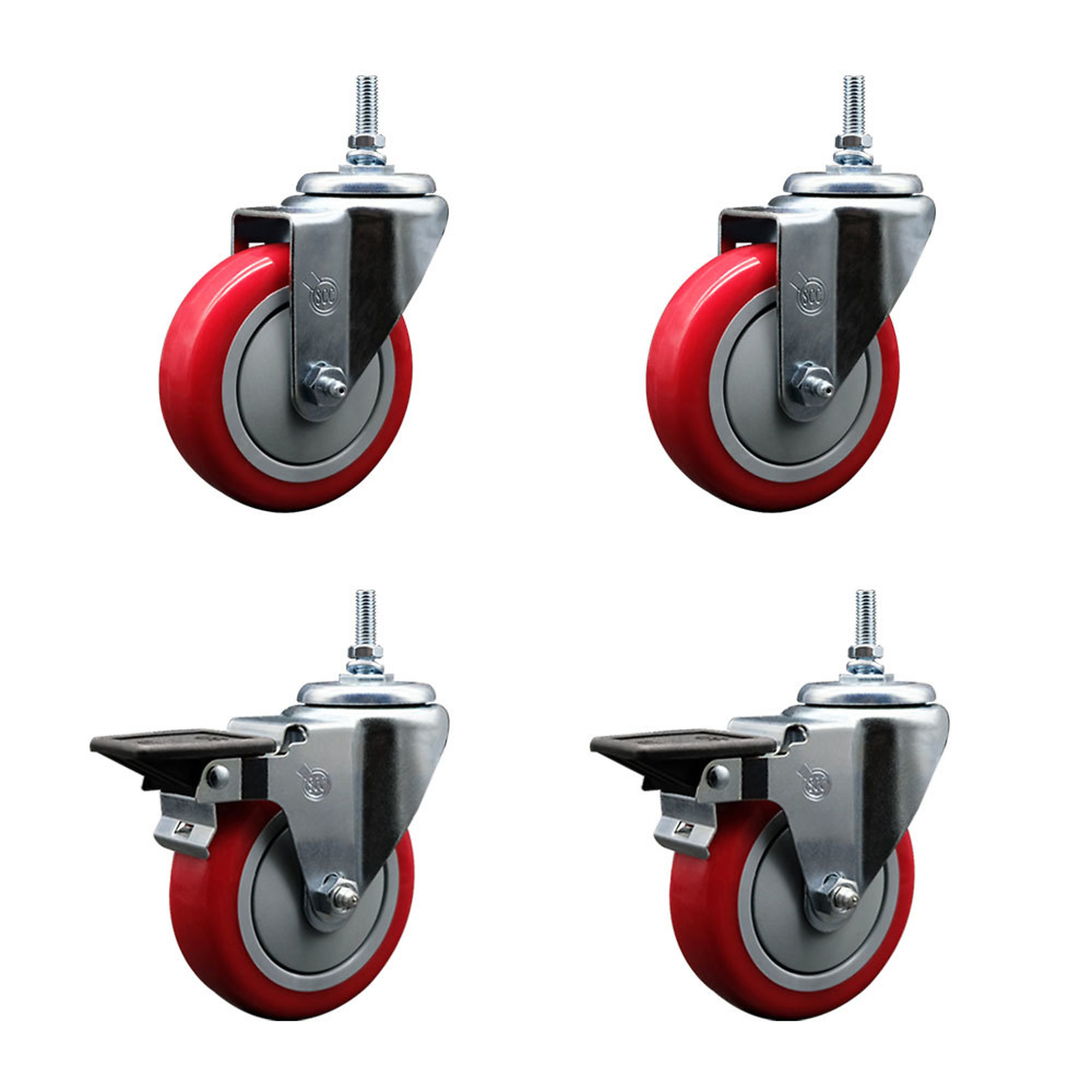 Service Caster, 4Inch x 1 1/4Inch Stem Casters, Wheel Diameter 4 in, Caster Type Swivel, Package (qty.) 4, Model SCC-TS20S414-PPUB-RED-M1215-2-PLB-2