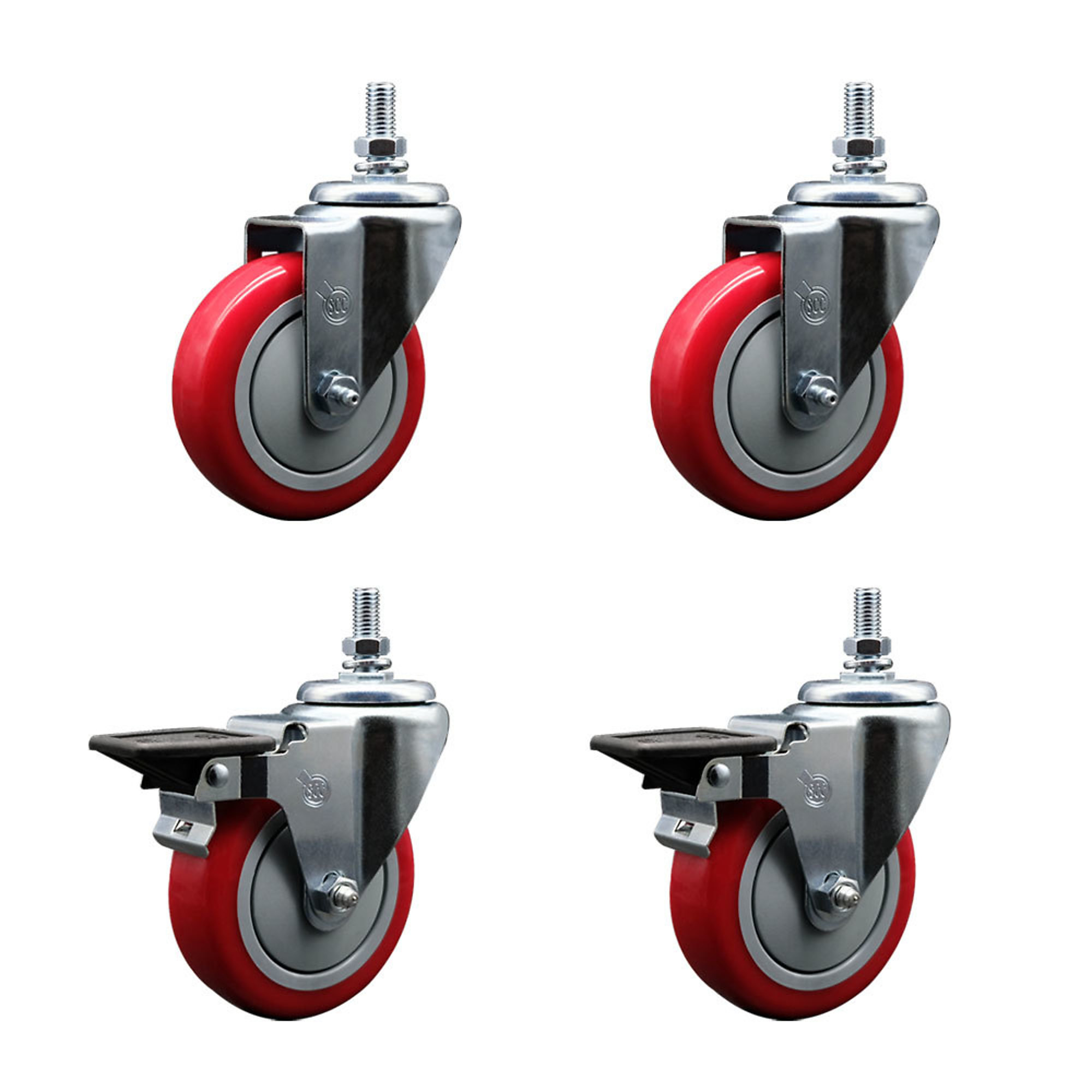 Service Caster, 4Inch x 1 1/4Inch Stem Casters, Wheel Diameter 4 in, Caster Type Swivel, Package (qty.) 4, Model SCC-TS20S414-PPUB-RED-M1015-2-PLB-2