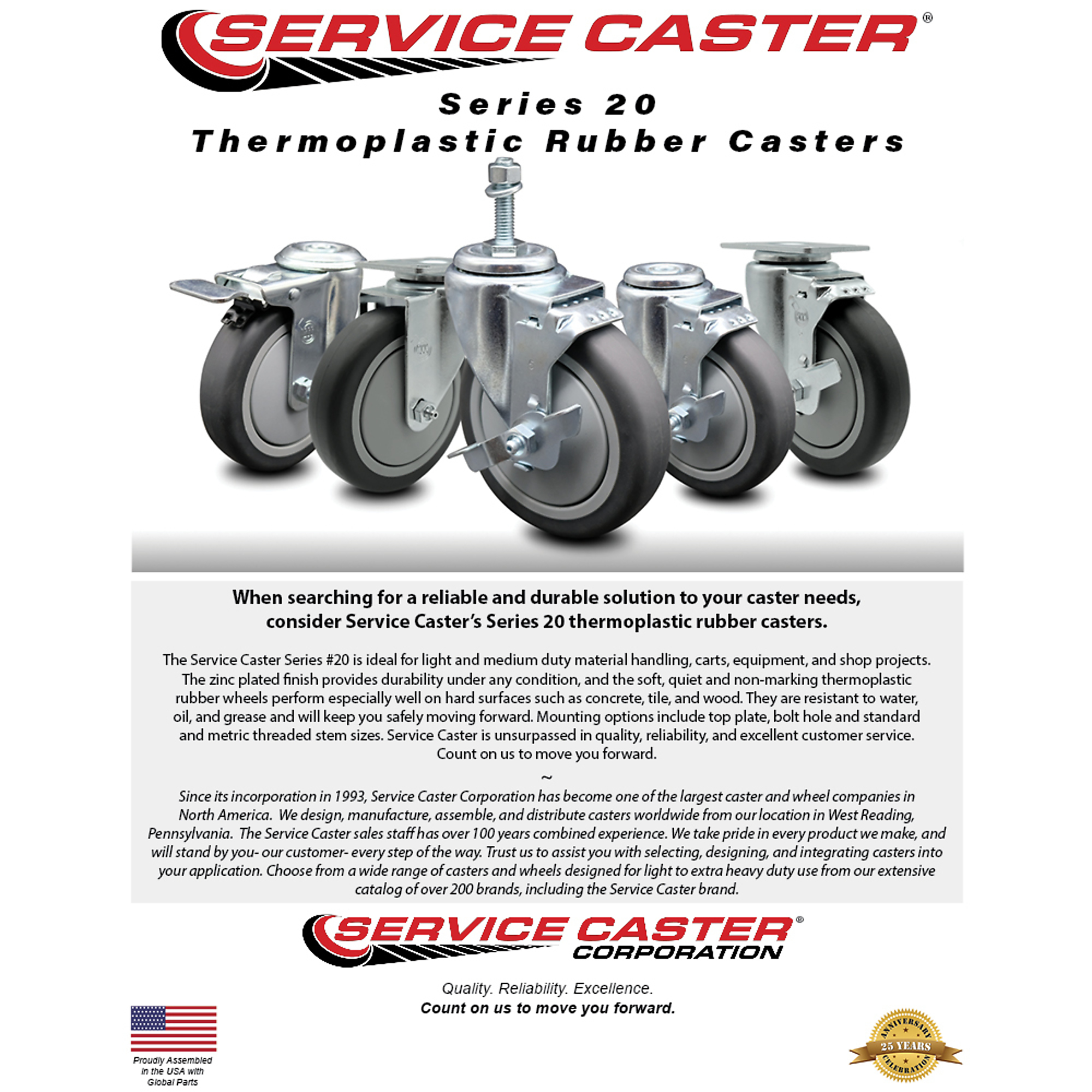 Service Caster, 4Inch x 1 1/4Inch Stem Caster, Wheel Diameter 4 in, Caster Type Swivel, Package (qty.) 1, Model SCC-TS20S414-TPRB-PLB-58212