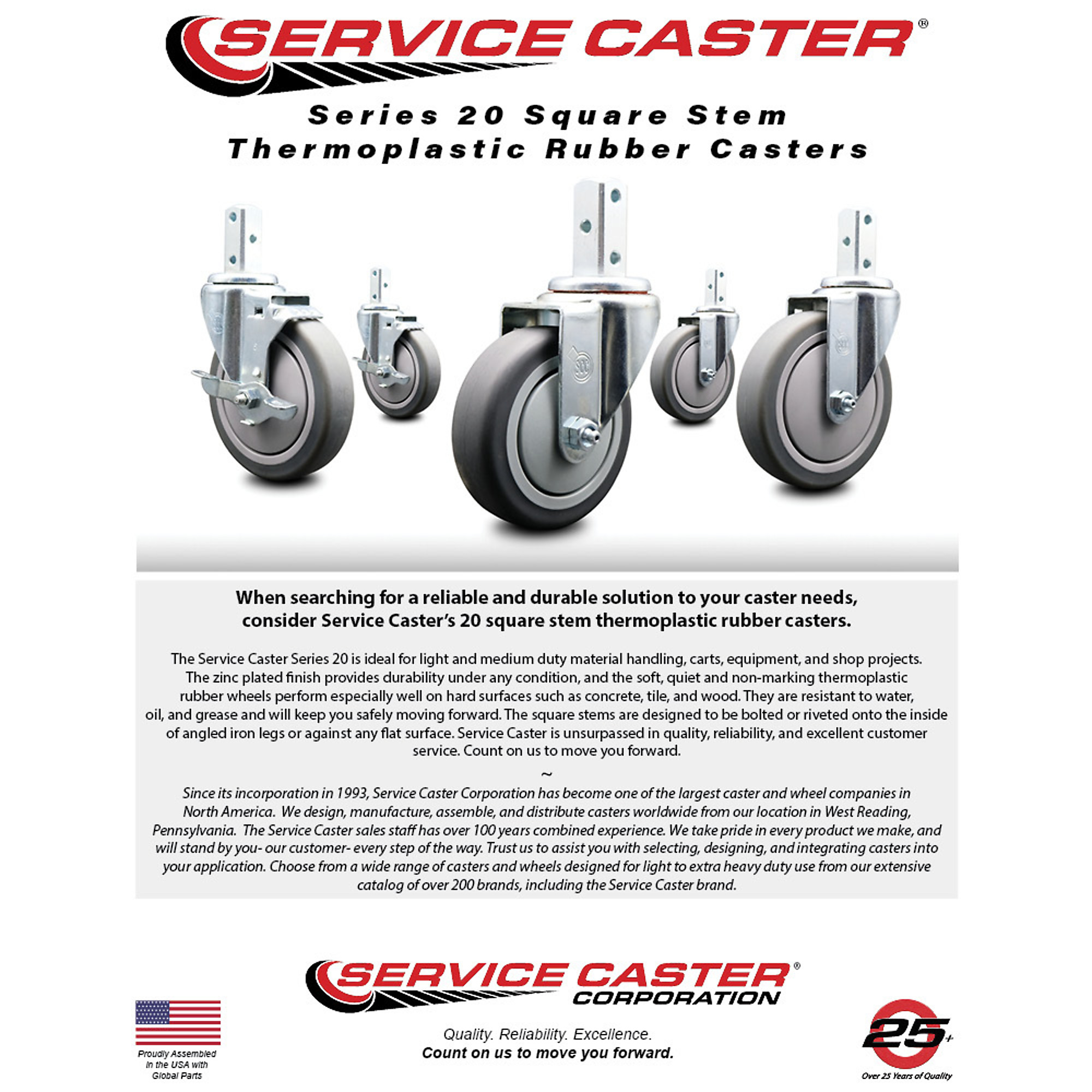 Service Caster, 3 1/2Inch x 1 1/4Inch Stem Caster, Wheel Diameter 3.5 in, Caster Type Swivel, Package (qty.) 1, Model SCC-SQ20S3514-TPRB-PLB-34