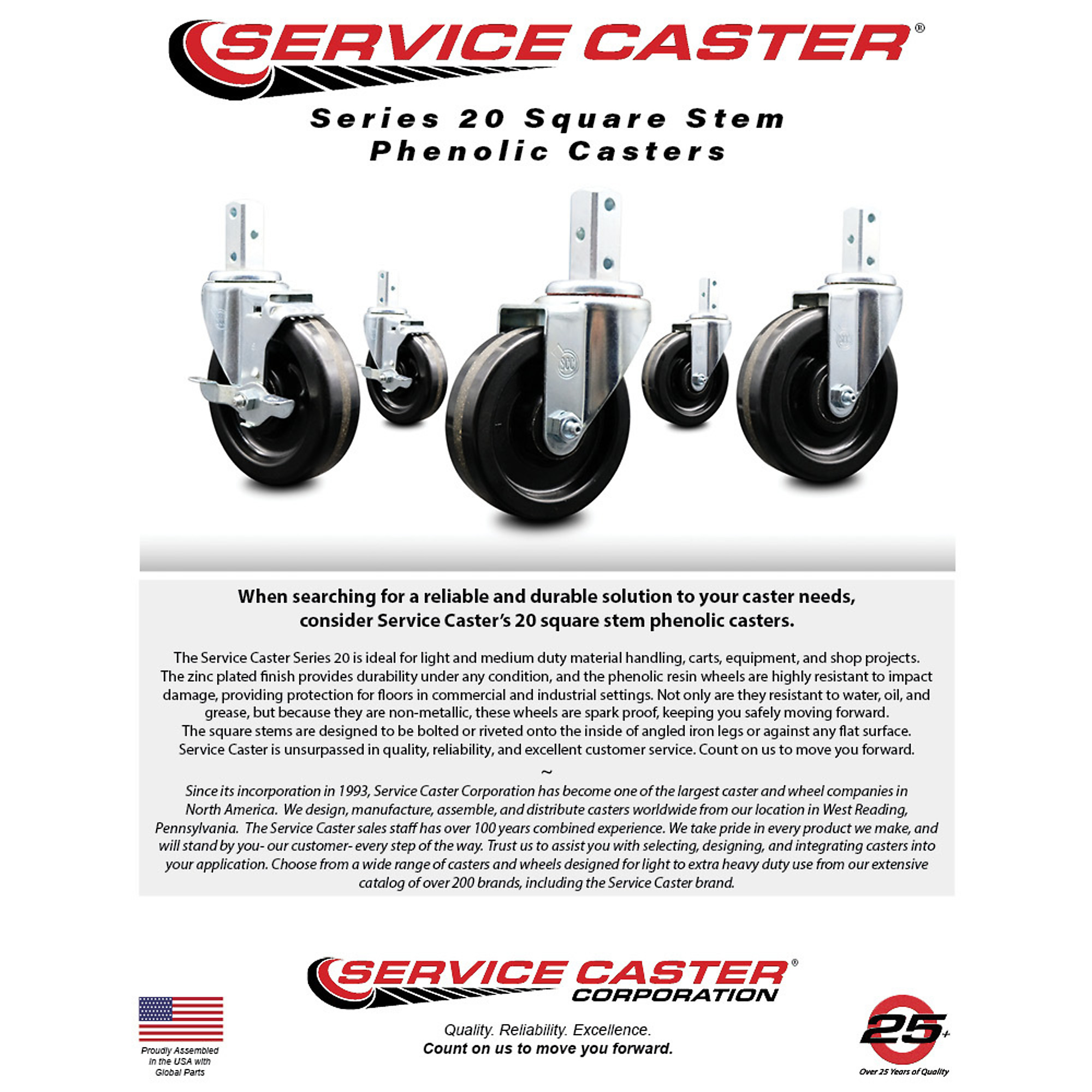 Service Caster, 5Inch x 1 1/4Inch Stem Casters, Wheel Diameter 5 in, Caster Type Swivel, Package (qty.) 4, Model SCC-SQ20S514-PHS-PLB-34-2-S-2