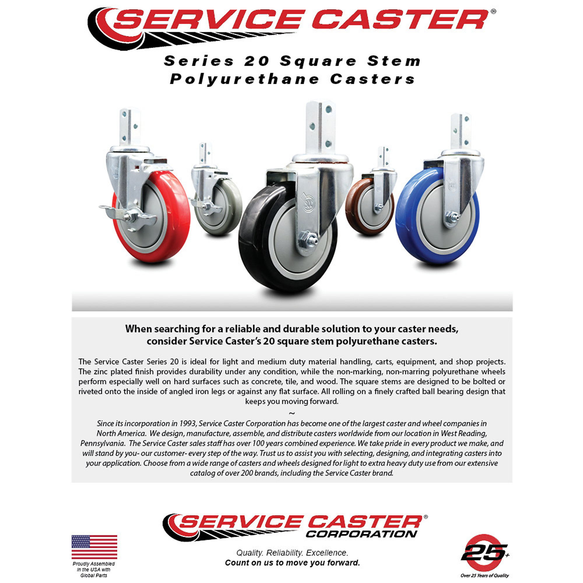 Service Caster, 3Inch x 1 1/4Inch Stem Casters, Wheel Diameter 3 in, Caster Type Swivel, Package (qty.) 4, Model SCC-SQ20S314-PPUB-BLK-PLB-34-2-S-2