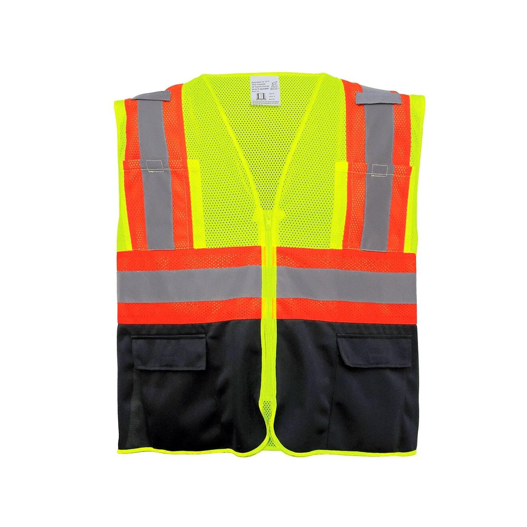 FrogWear, HY Yellow/Green Class 2 6 Pocket, Black Bottom Vest, Size XL, Color High-Visibility Yellow/Green/Black, Model GLO-0036-XL