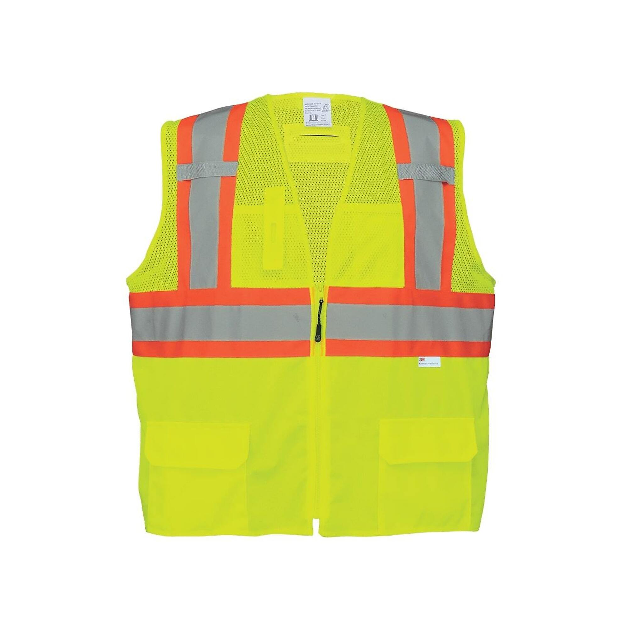 FrogWear, HY Yellow/Green, Class 2 6 Pocket, Solid/Mesh Vest, Size 5XL, Color High-Visibility Yellow/Green, Model GLO-0037-5XL