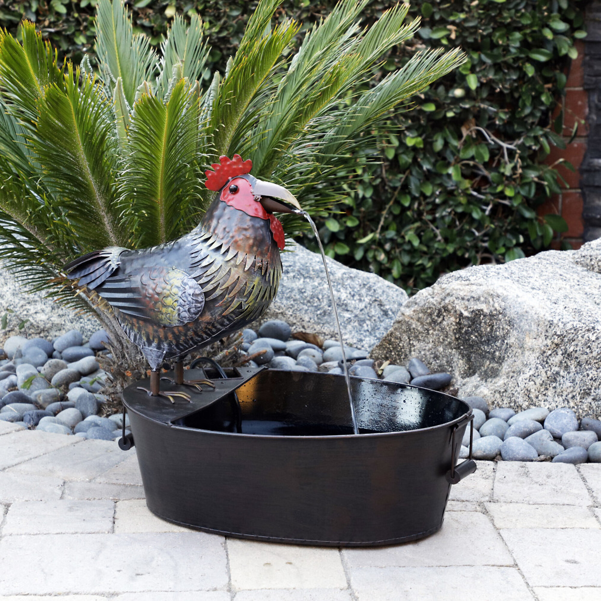 Alpine Corporation, Rustic Metal Rooster with Moving Beak Fountain, Volts 120 Power Cord Length 6 ft, Model NCY296