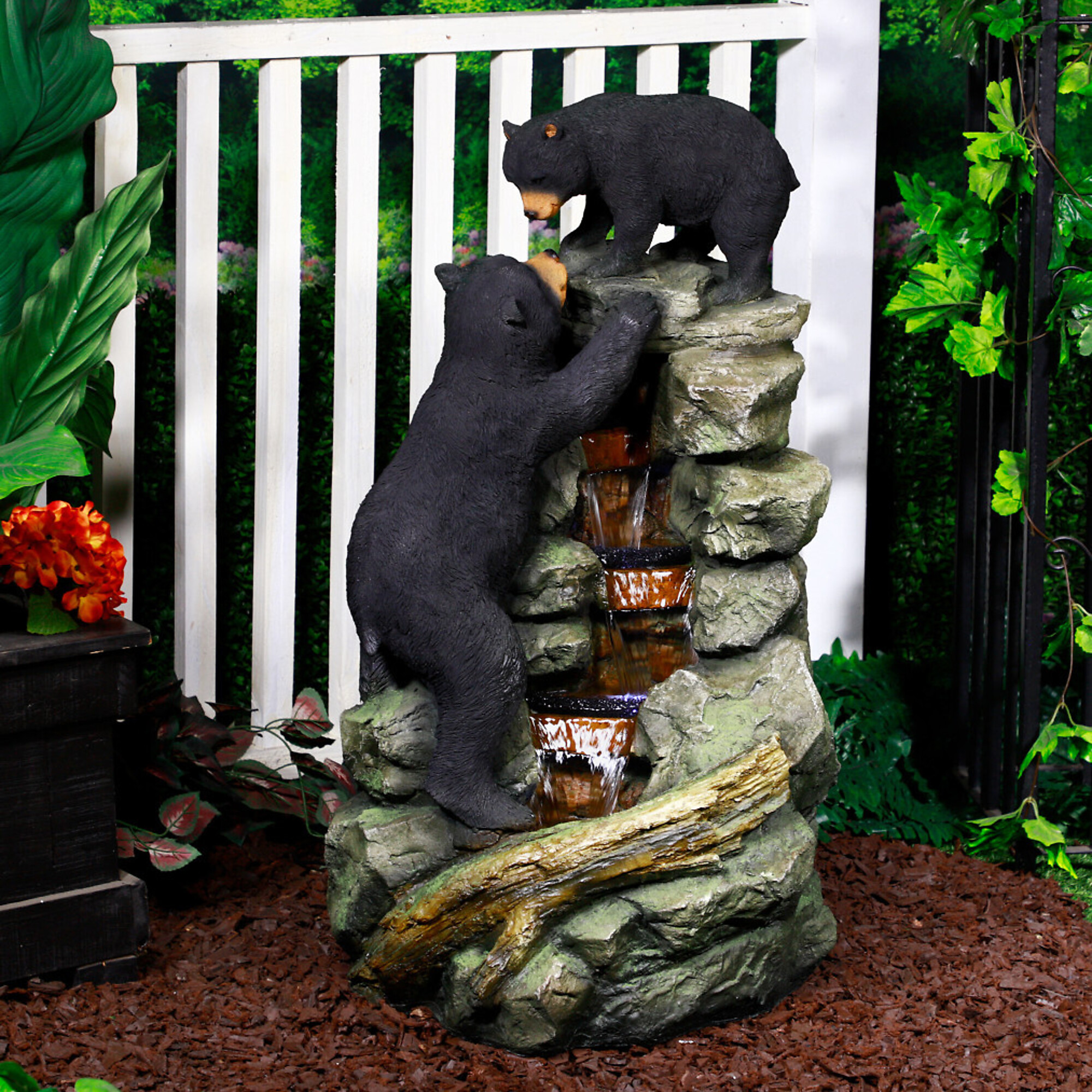 Alpine Corporation, Bears Climbing Waterfall Fountain with LED Lights, Volts 120 Power Cord Length 6 ft, Model TZL178