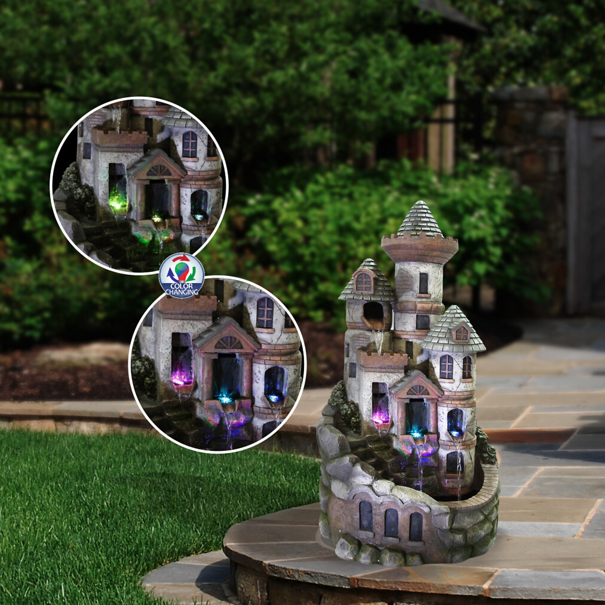 Alpine Corporation, Tower Castle Fountain w/ Color Changing LED Lights, Volts 120 Power Cord Length 6 ft, Model USA1368