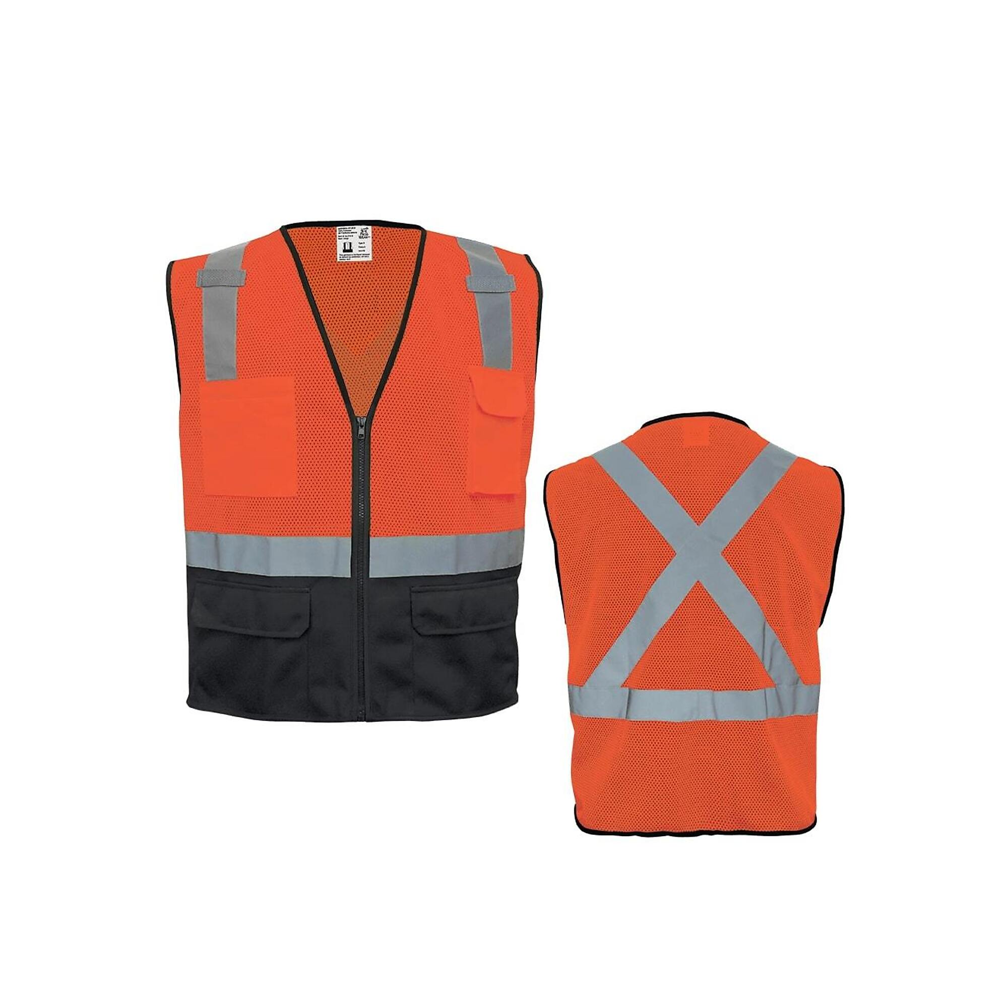 FrogWear, HV Orange Class 2 X-Back, 6 Pocket, Black Bottom, Mesh Vest, Size L, Color High-Visibility Orange/Black, Model GLO-049-L