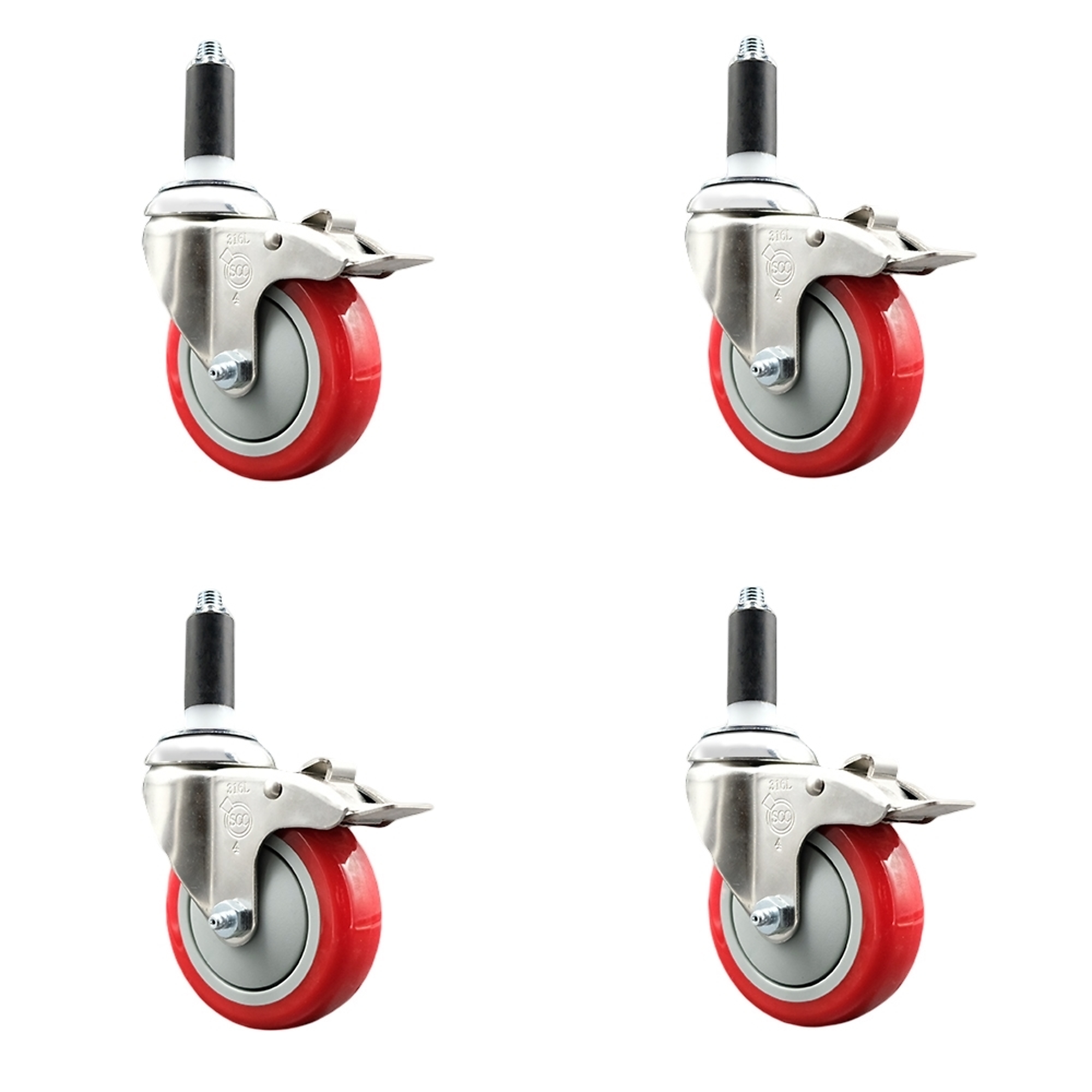 Service Caster, 4Inch x 1 1/4Inch Stem Casters, Wheel Diameter 4 in, Caster Type Swivel, Package (qty.) 4, Model SCC-SS316TTLEX20S414-PPUB-RED-118-4