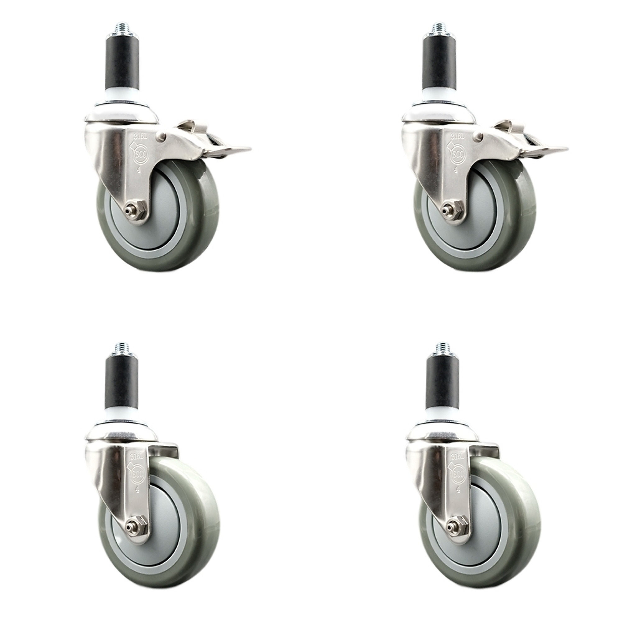 Service Caster, 4Inch x 1 1/4Inch Stem Casters, Wheel Diameter 4 in, Caster Type Swivel, Package (qty.) 4, Model SCC-SS316TTLEX20S414-PPUB-2-S-2-114