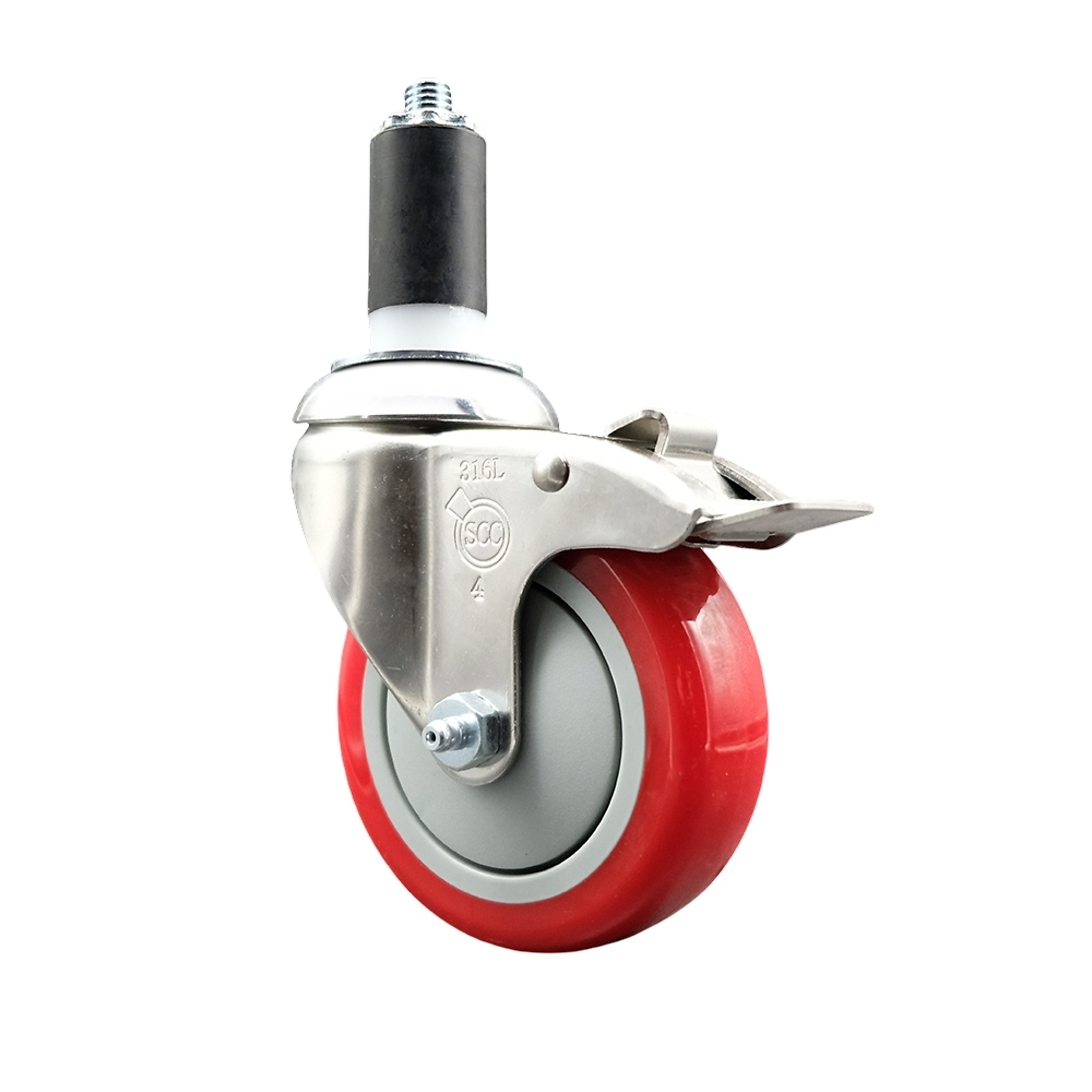 Service Caster, 4Inch x 1 1/4Inch Stem Caster, Wheel Diameter 4 in, Caster Type Swivel, Package (qty.) 1, Model SCC-SS316TTLEX20S414-PPUB-RED-114