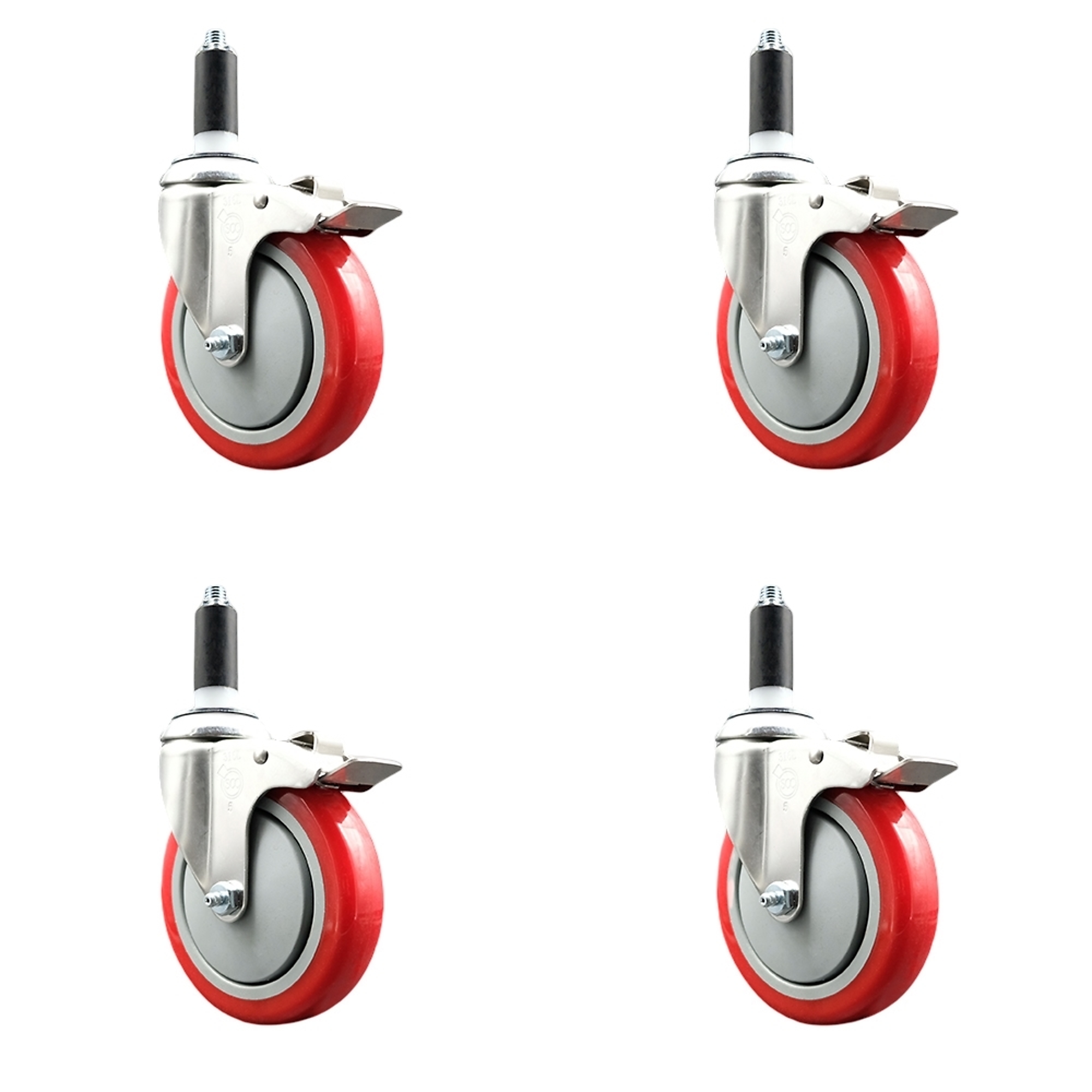 Service Caster, 5Inch x 1 1/4Inch Stem Casters, Wheel Diameter 5 in, Caster Type Swivel, Package (qty.) 4, Model SCC-SS316TTLEX20S514-PPUB-RED-118-4