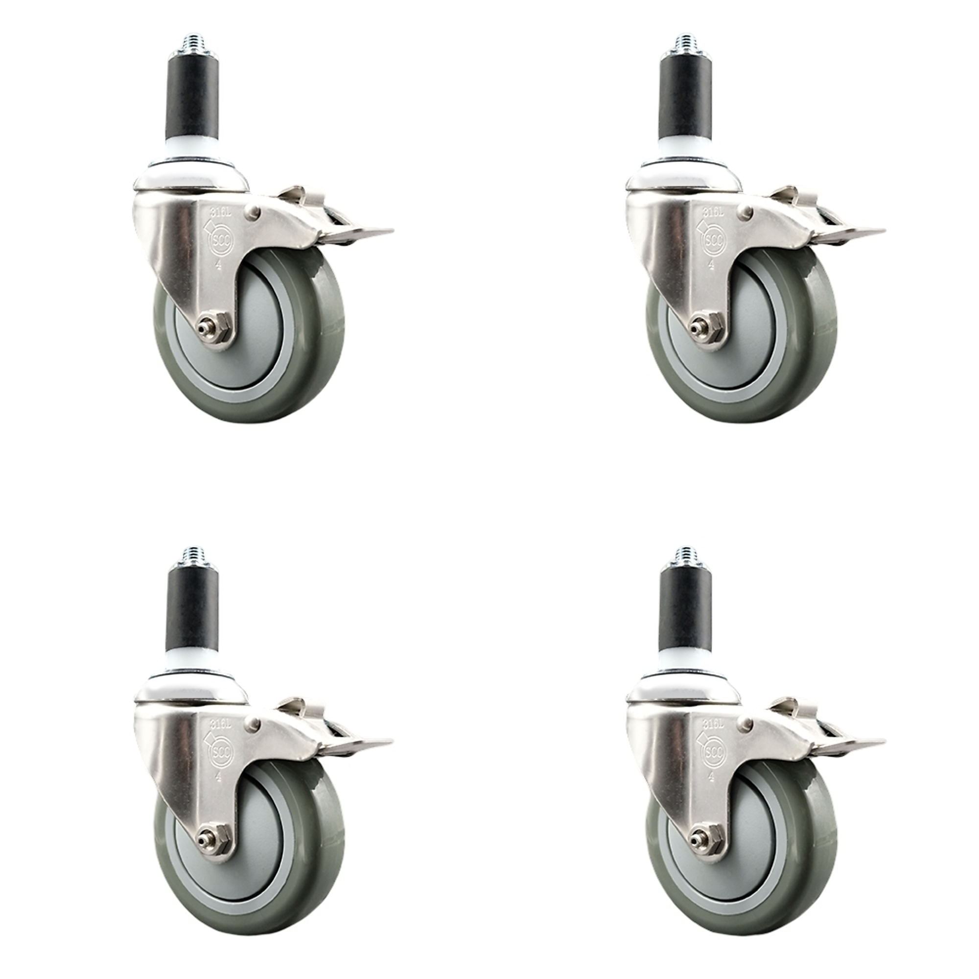 Service Caster, 4Inch x 1 1/4Inch Stem Casters, Wheel Diameter 4 in, Caster Type Swivel, Package (qty.) 4, Model SCC-SS316TTLEX20S414-PPUB-138-4