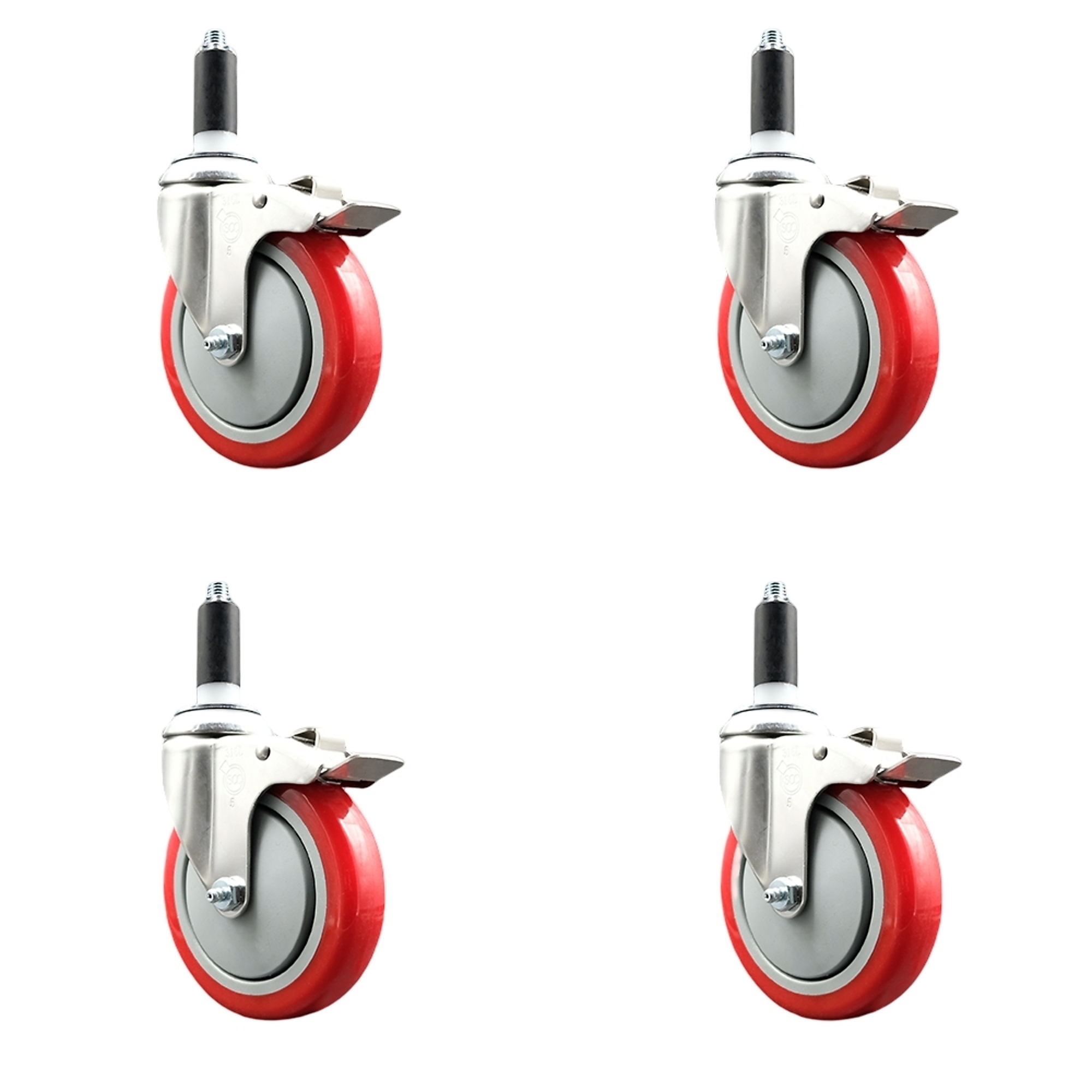 Service Caster, 5Inch x 1 1/4Inch Stem Casters, Wheel Diameter 5 in, Caster Type Swivel, Package (qty.) 4, Model SCC-SS316TTLEX20S514-PPUB-RED-1-4