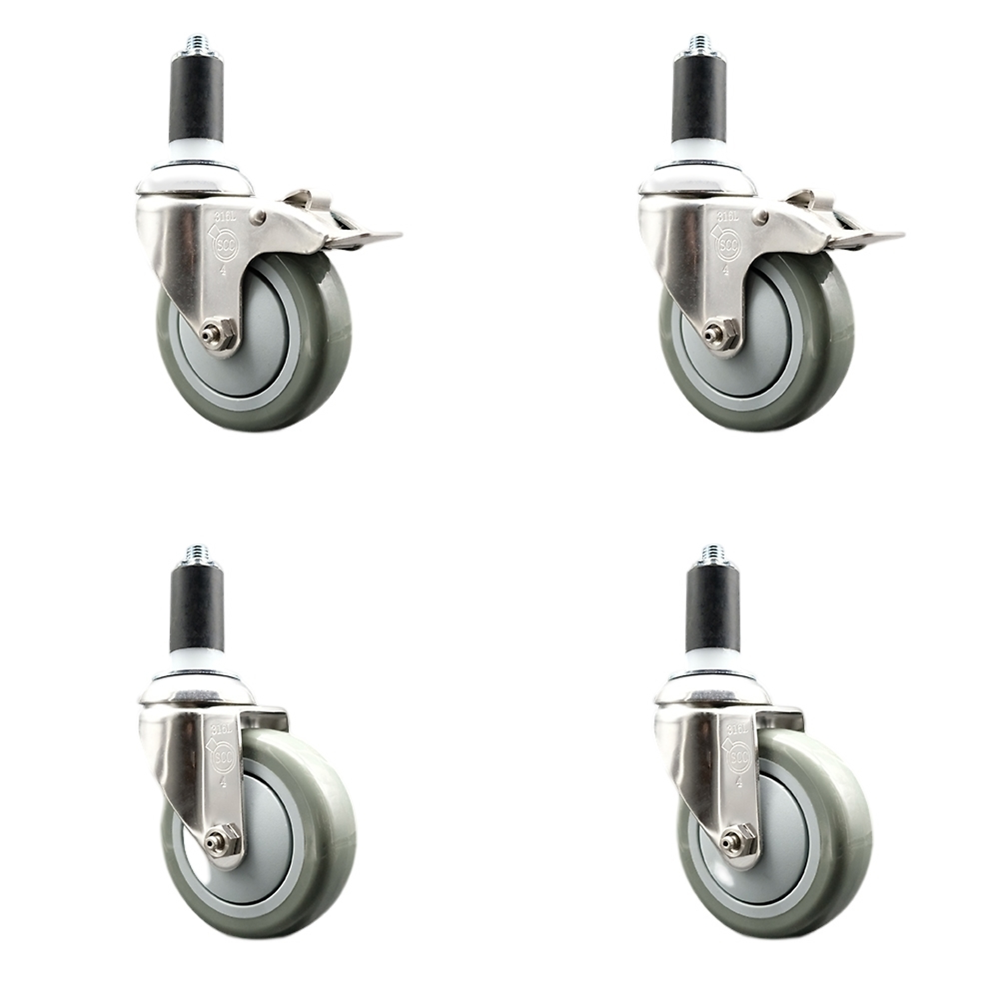 Service Caster, 4Inch x 1 1/4Inch Stem Casters, Wheel Diameter 4 in, Caster Type Swivel, Package (qty.) 4, Model SCC-SS316TTLEX20S414-PPUB-2-S-2-138