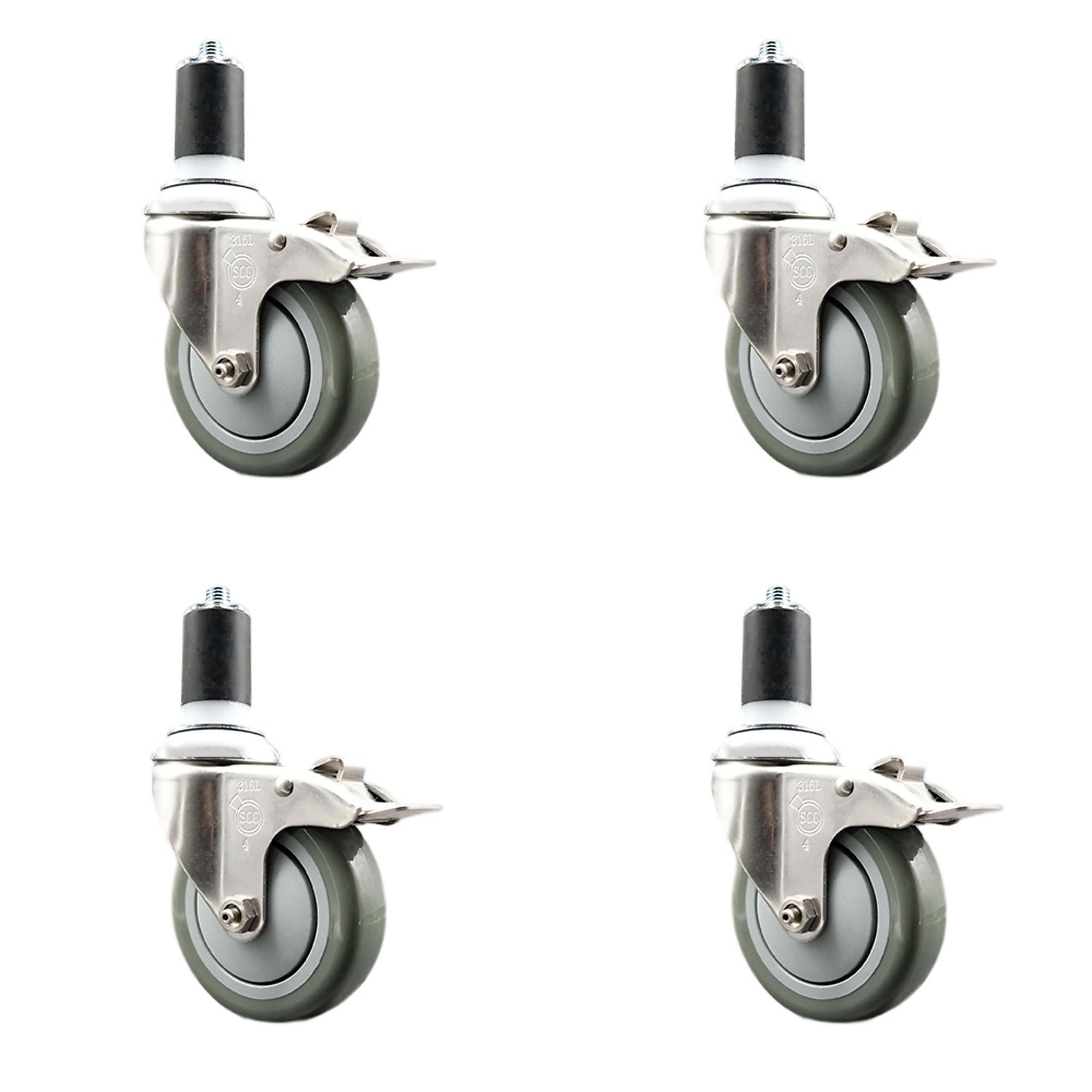 Service Caster, 4Inch x 1 1/4Inch Stem Casters, Wheel Diameter 4 in, Caster Type Swivel, Package (qty.) 4, Model SCC-SS316TTLEX20S414-PPUB-158-4