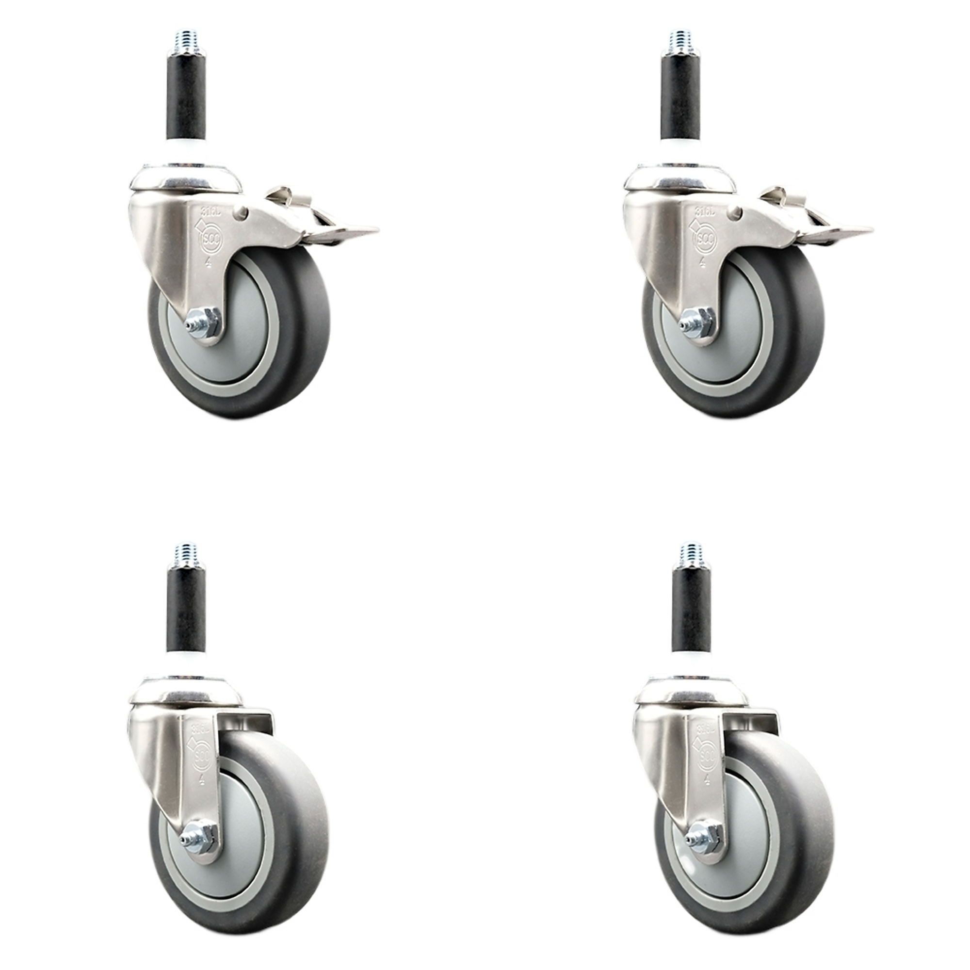 Service Caster, 4Inch x 1 1/4Inch Stem Casters, Wheel Diameter 4 in, Caster Type Swivel, Package (qty.) 4, Model SCC-SS316TTLEX20S414-TPRB-2-S-2-34