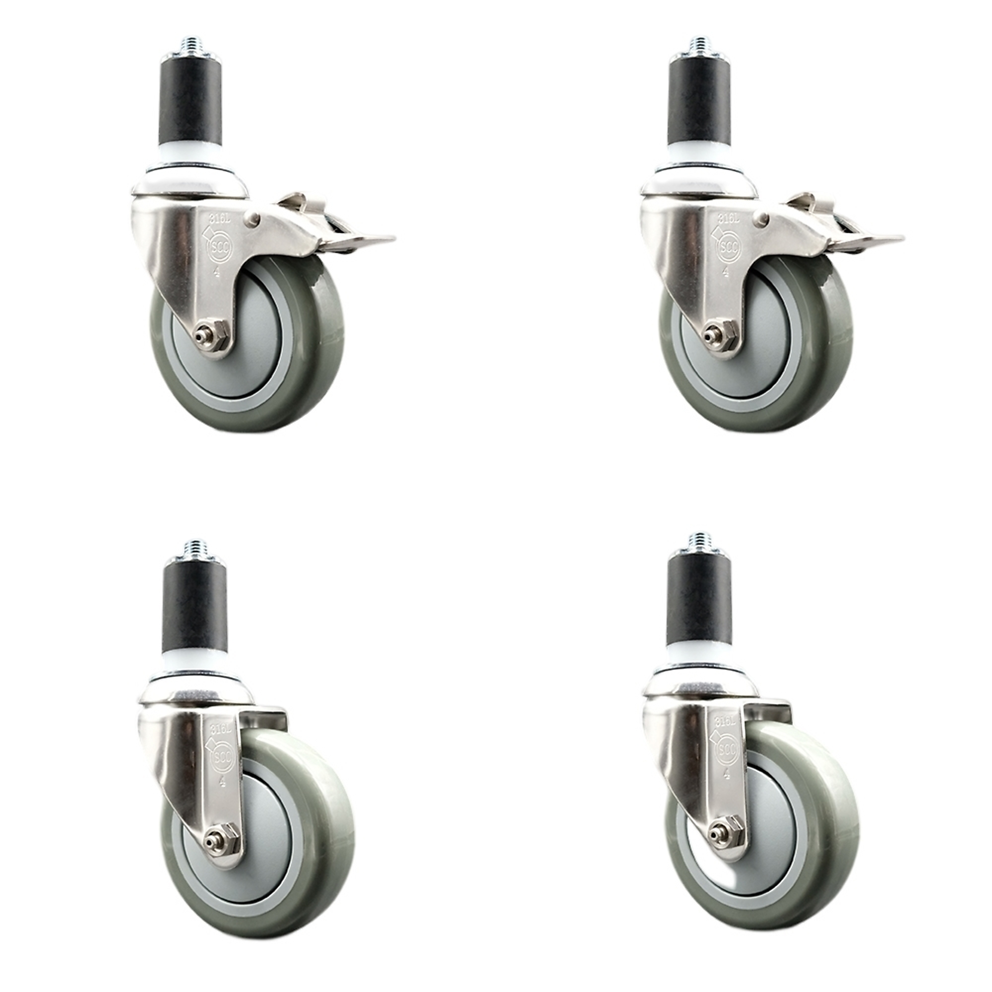 Service Caster, 4Inch x 1 1/4Inch Stem Casters, Wheel Diameter 4 in, Caster Type Swivel, Package (qty.) 4, Model SCC-SS316TTLEX20S414-PPUB-2-S-2-158