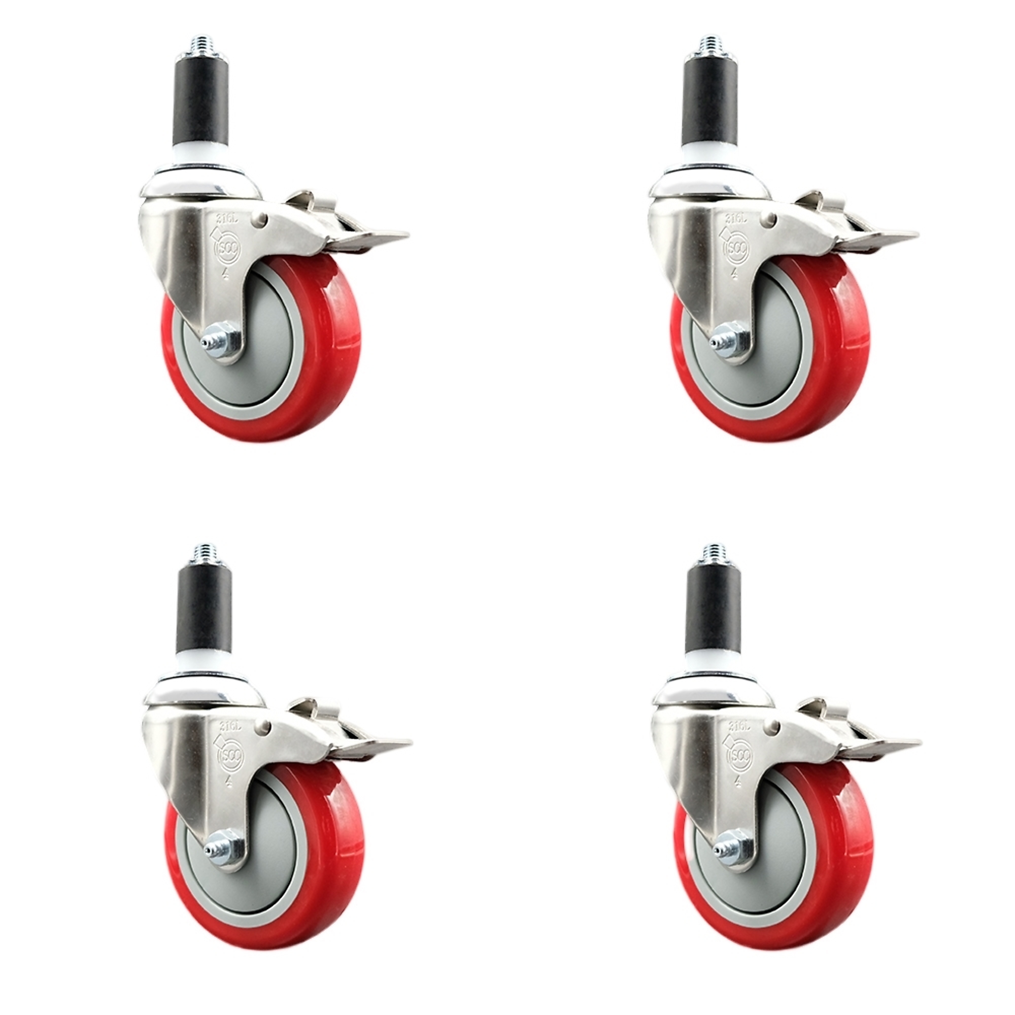 Service Caster, 4Inch x 1 1/4Inch Stem Casters, Wheel Diameter 4 in, Caster Type Swivel, Package (qty.) 4, Model SCC-SS316TTLEX20S414-PPUB-RED-138-4