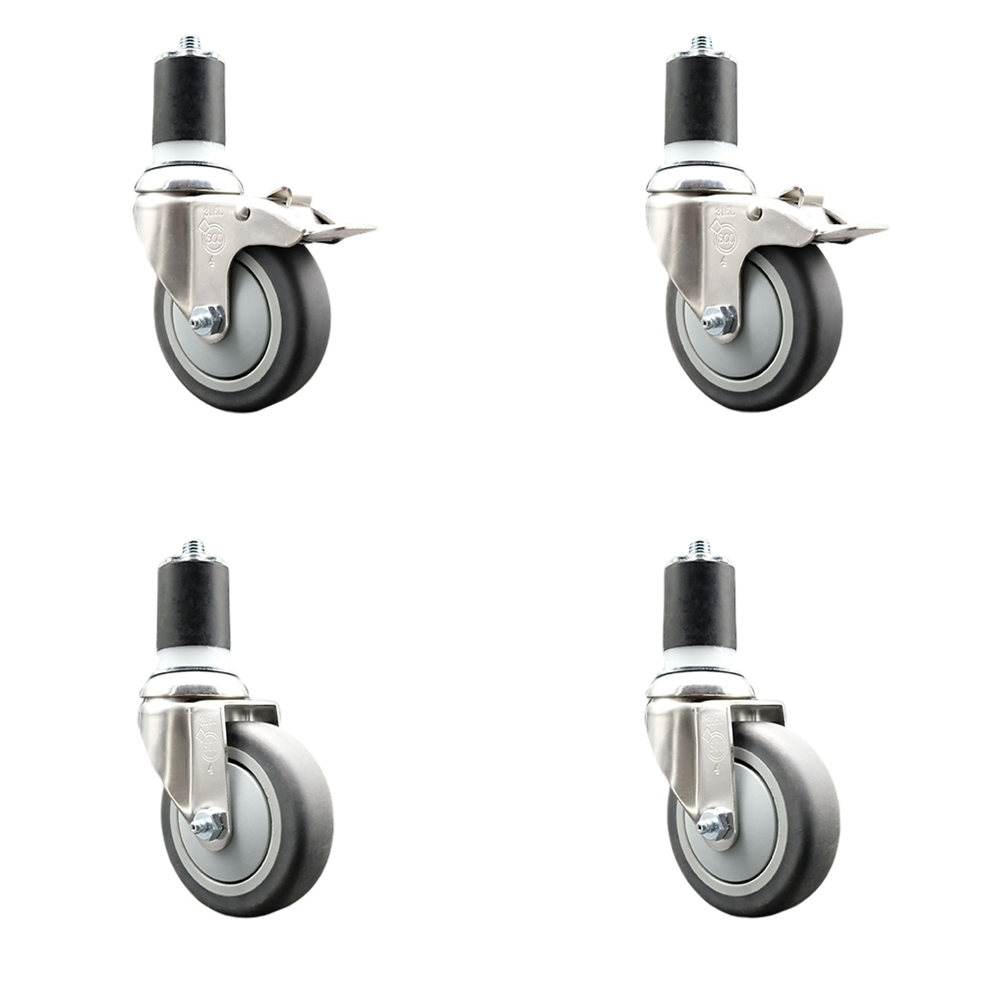 Service Caster, 4Inch x 1 1/4Inch Stem Casters, Wheel Diameter 4 in, Caster Type Swivel, Package (qty.) 4, Model SCC-SS316TTLEX20S414-TPRB-2-S-2-178