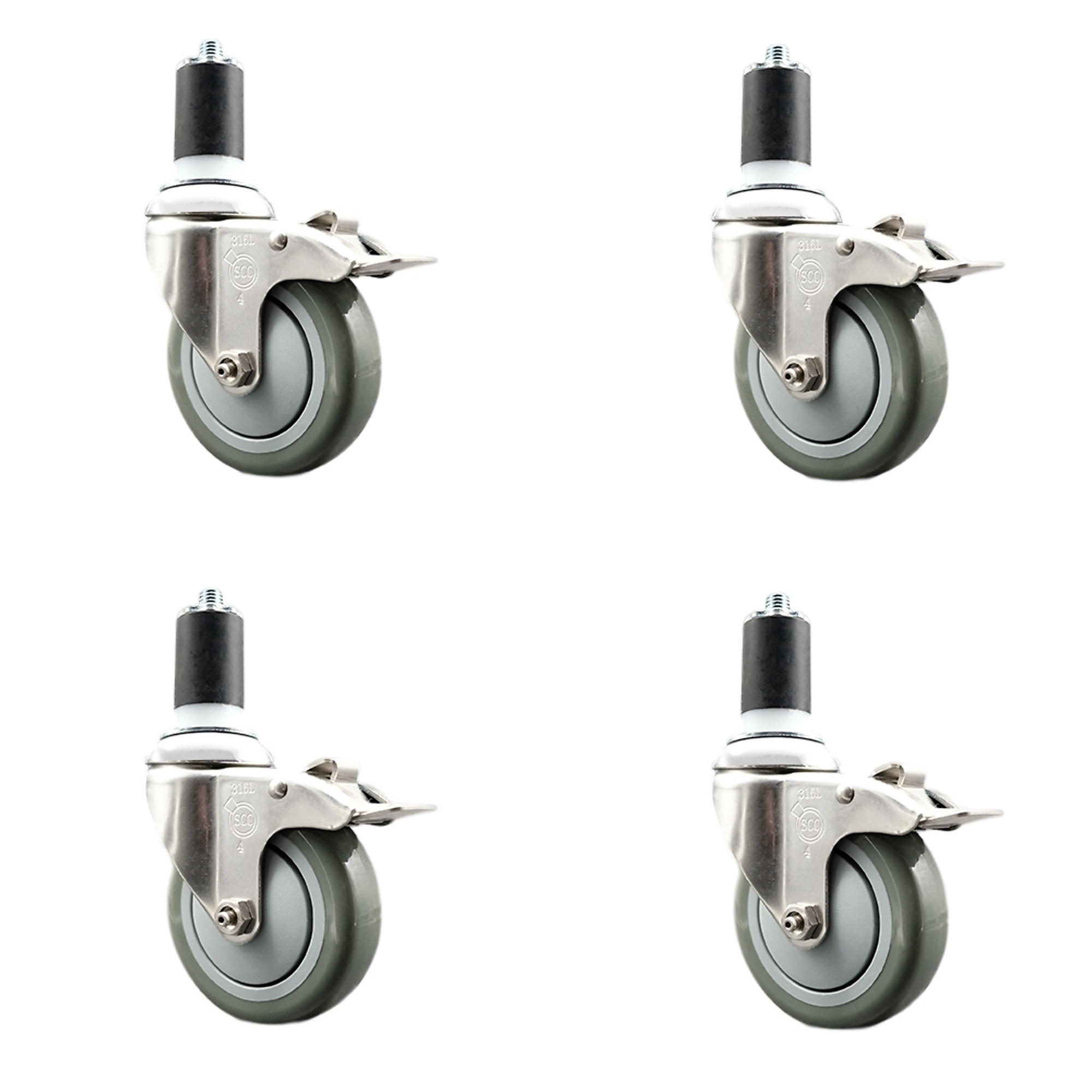 Service Caster, 4Inch x 1 1/4Inch Stem Casters, Wheel Diameter 4 in, Caster Type Swivel, Package (qty.) 4, Model SCC-SS316TTLEX20S414-PPUB-112-4