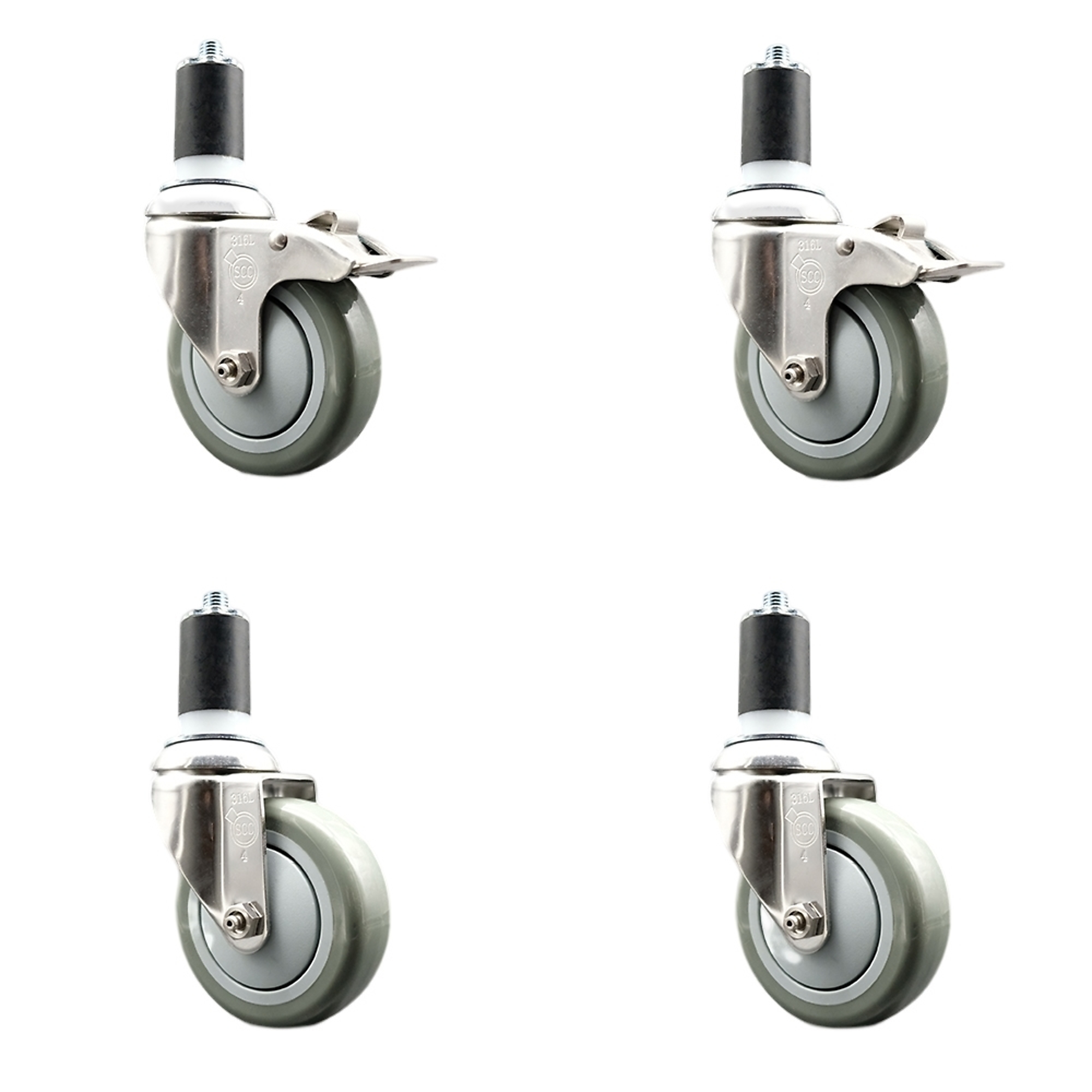 Service Caster, 4Inch x 1 1/4Inch Stem Casters, Wheel Diameter 4 in, Caster Type Swivel, Package (qty.) 4, Model SCC-SS316TTLEX20S414-PPUB-2-S-2-112