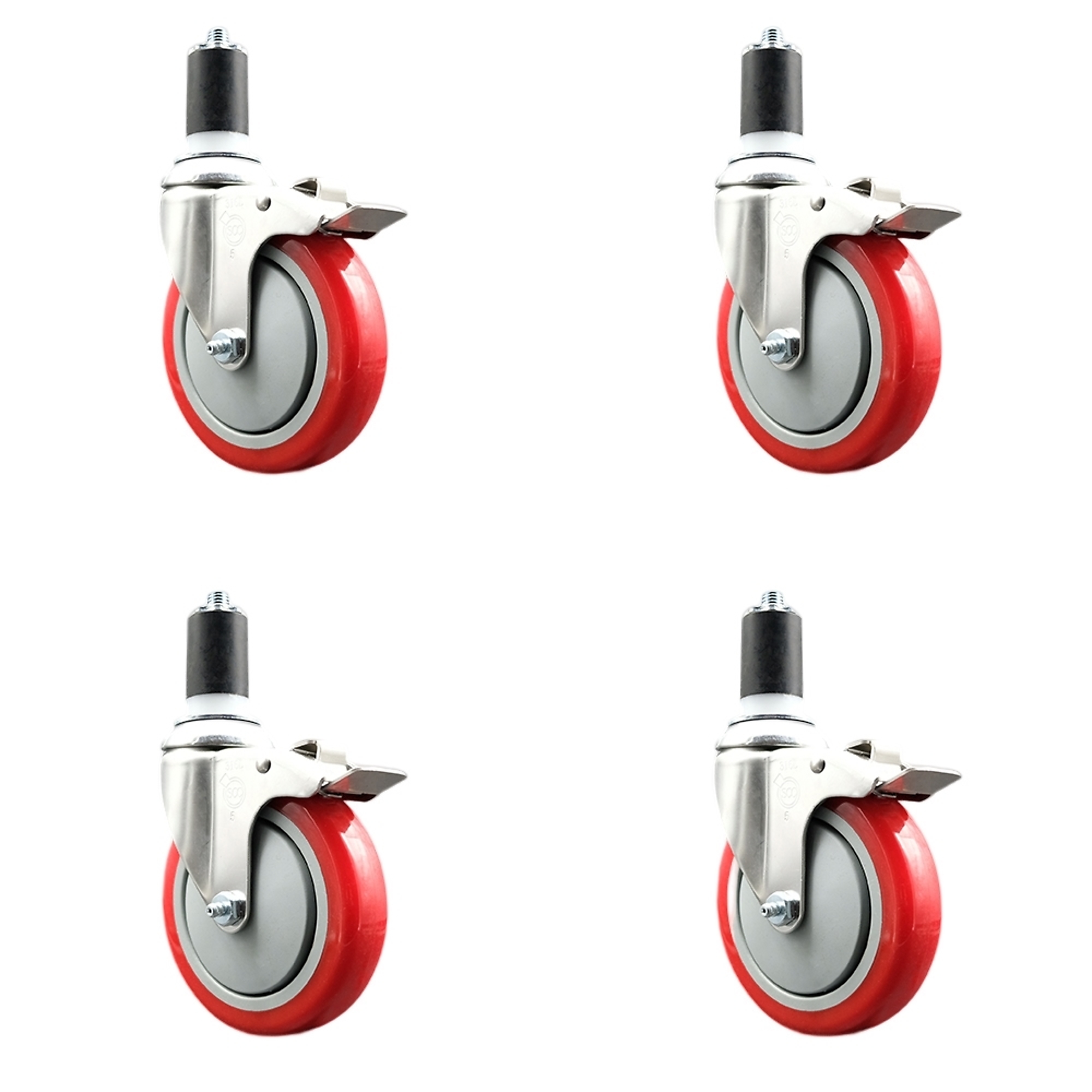 Service Caster, 5Inch x 1 1/4Inch Stem Casters, Wheel Diameter 5 in, Caster Type Swivel, Package (qty.) 4, Model SCC-SS316TTLEX20S514-PPUB-RED-112-4