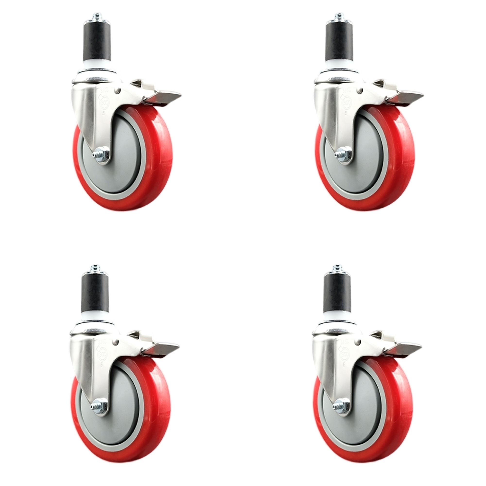 Service Caster, 5Inch x 1 1/4Inch Stem Casters, Wheel Diameter 5 in, Caster Type Swivel, Package (qty.) 4, Model SCC-SS316TTLEX20S514-PPUB-RED-158-4