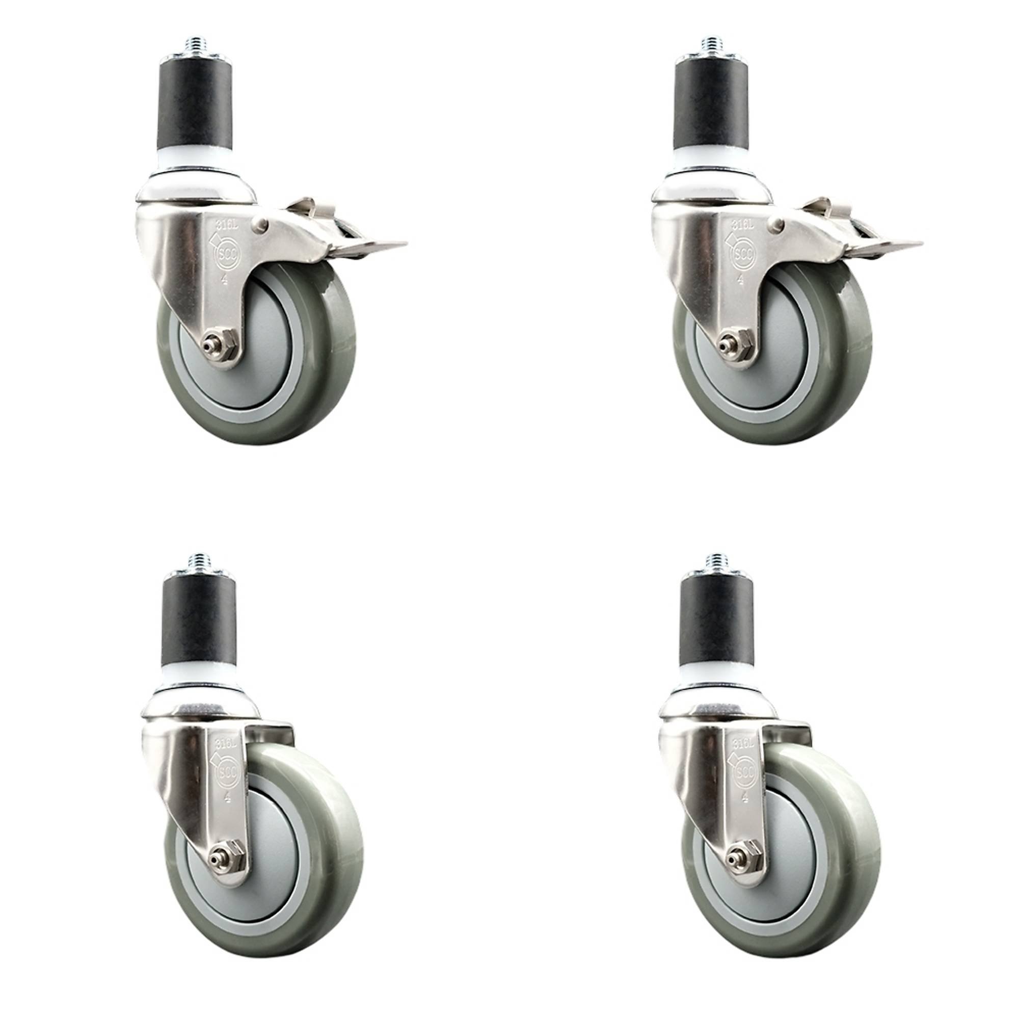 Service Caster, 4Inch x 1 1/4Inch Stem Casters, Wheel Diameter 4 in, Caster Type Swivel, Package (qty.) 4, Model SCC-SS316TTLEX20S414-PPUB-2-S-2-134