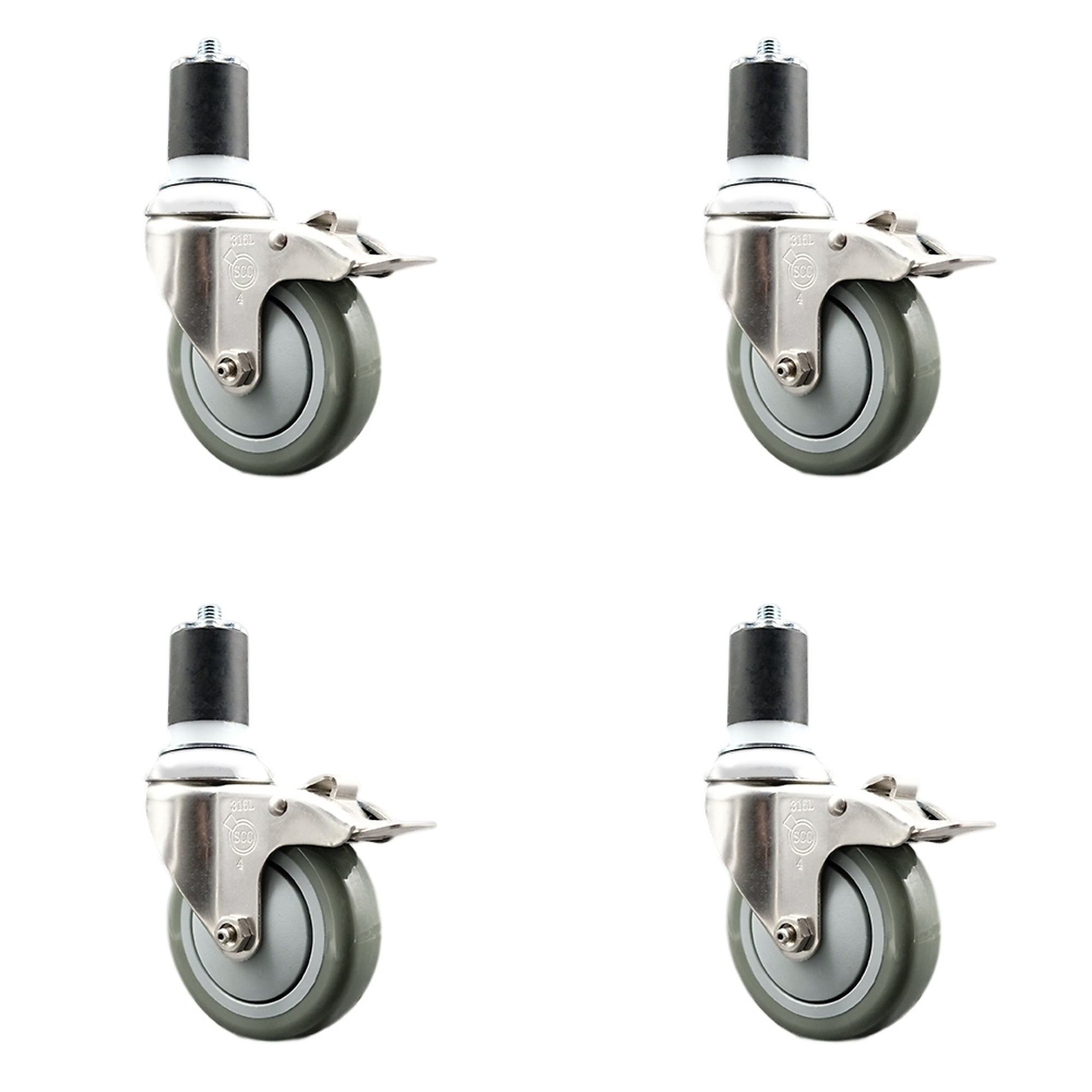 Service Caster, 4Inch x 1 1/4Inch Stem Casters, Wheel Diameter 4 in, Caster Type Swivel, Package (qty.) 4, Model SCC-SS316TTLEX20S414-PPUB-178-4