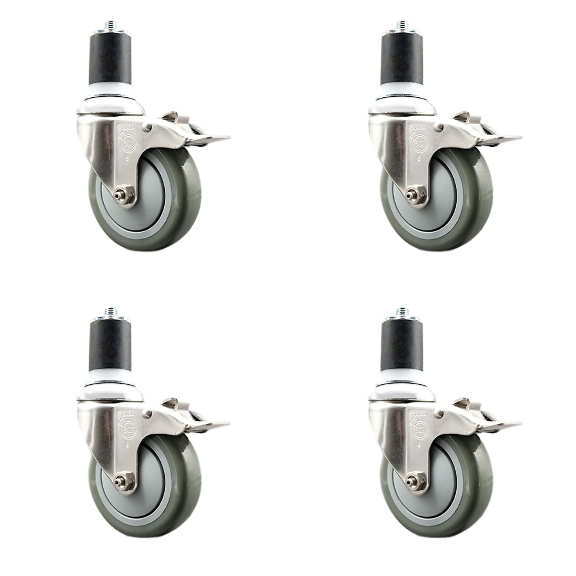 Service Caster, 4Inch x 1 1/4Inch Stem Casters, Wheel Diameter 4 in, Caster Type Swivel, Package (qty.) 4, Model SCC-SS316TTLEX20S414-PPUB-134-4