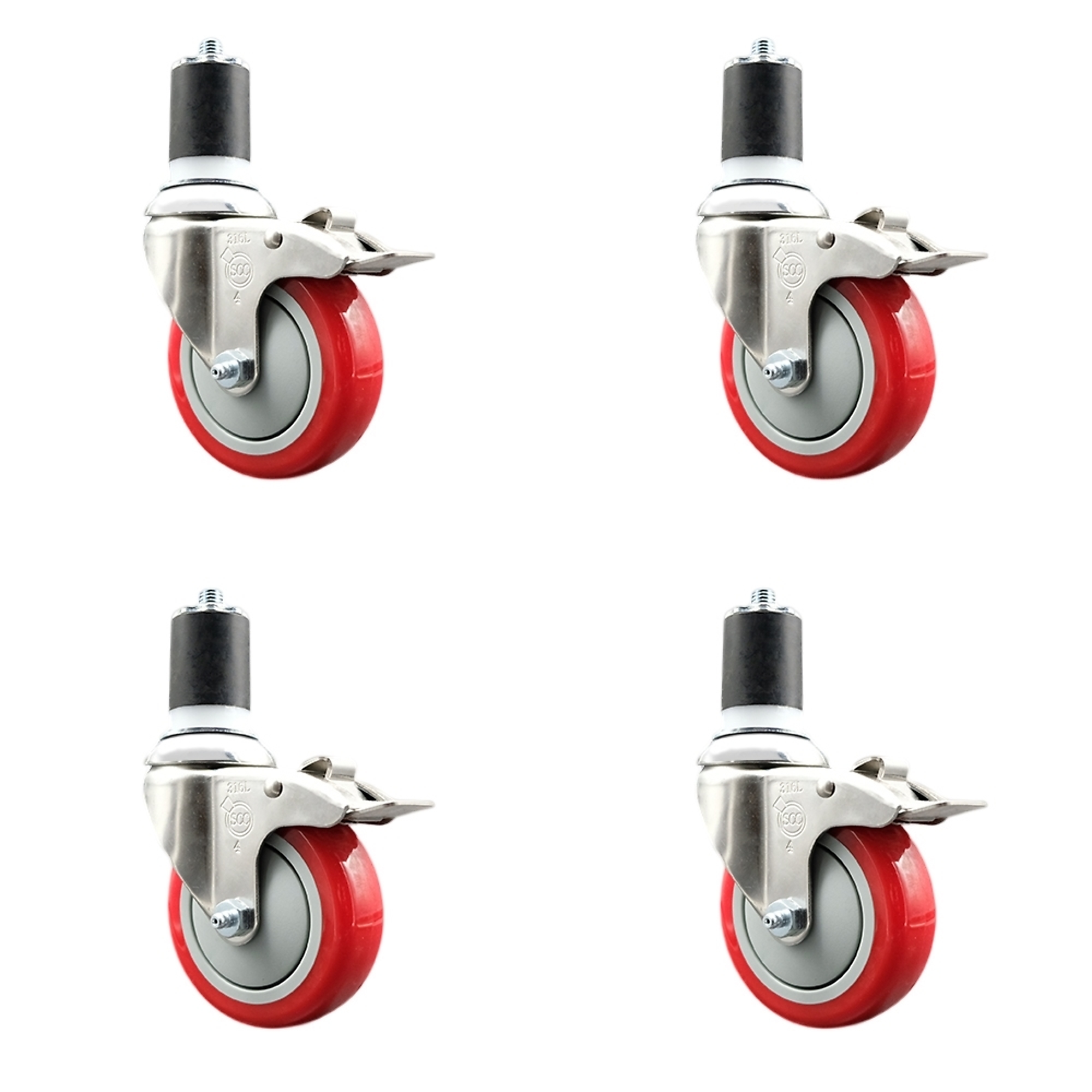 Service Caster, 4Inch x 1 1/4Inch Stem Casters, Wheel Diameter 4 in, Caster Type Swivel, Package (qty.) 4, Model SCC-SS316TTLEX20S414-PPUB-RED-134-4